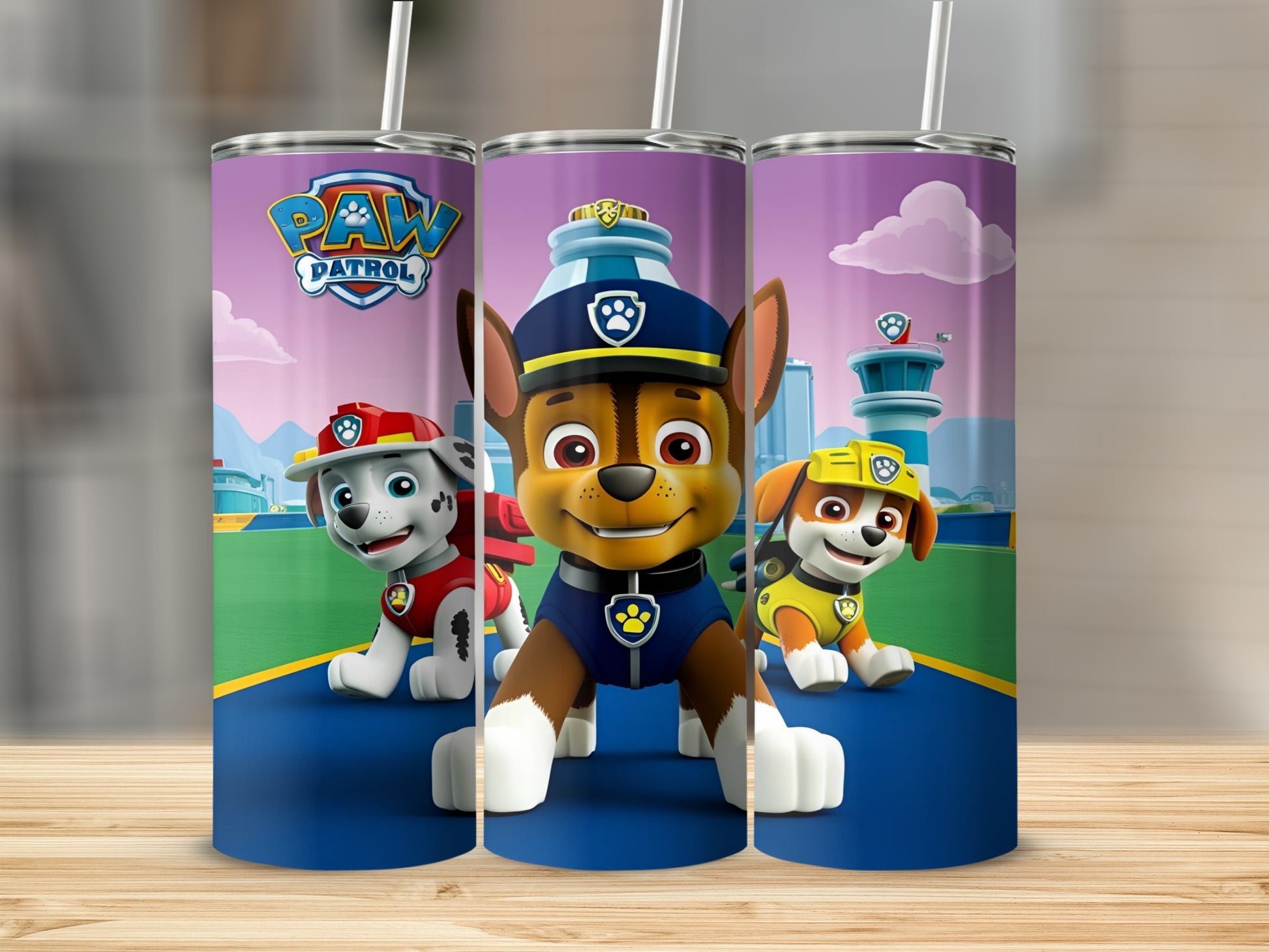Paw Patrol tumblers featuring Chase, Marshall, and Rubble in Adventure Bay.