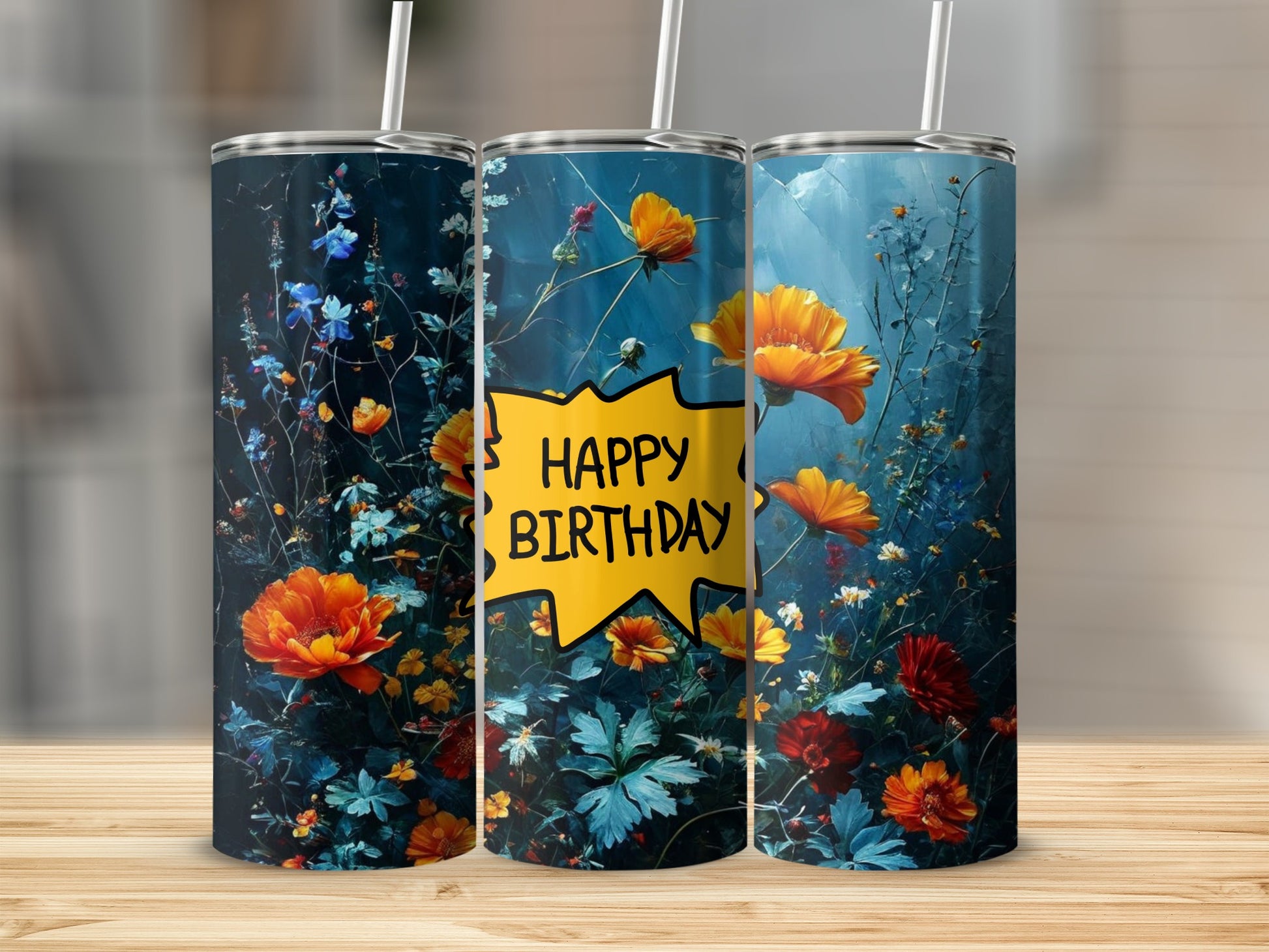 Three tumblers with a floral design and "Happy Birthday" text.