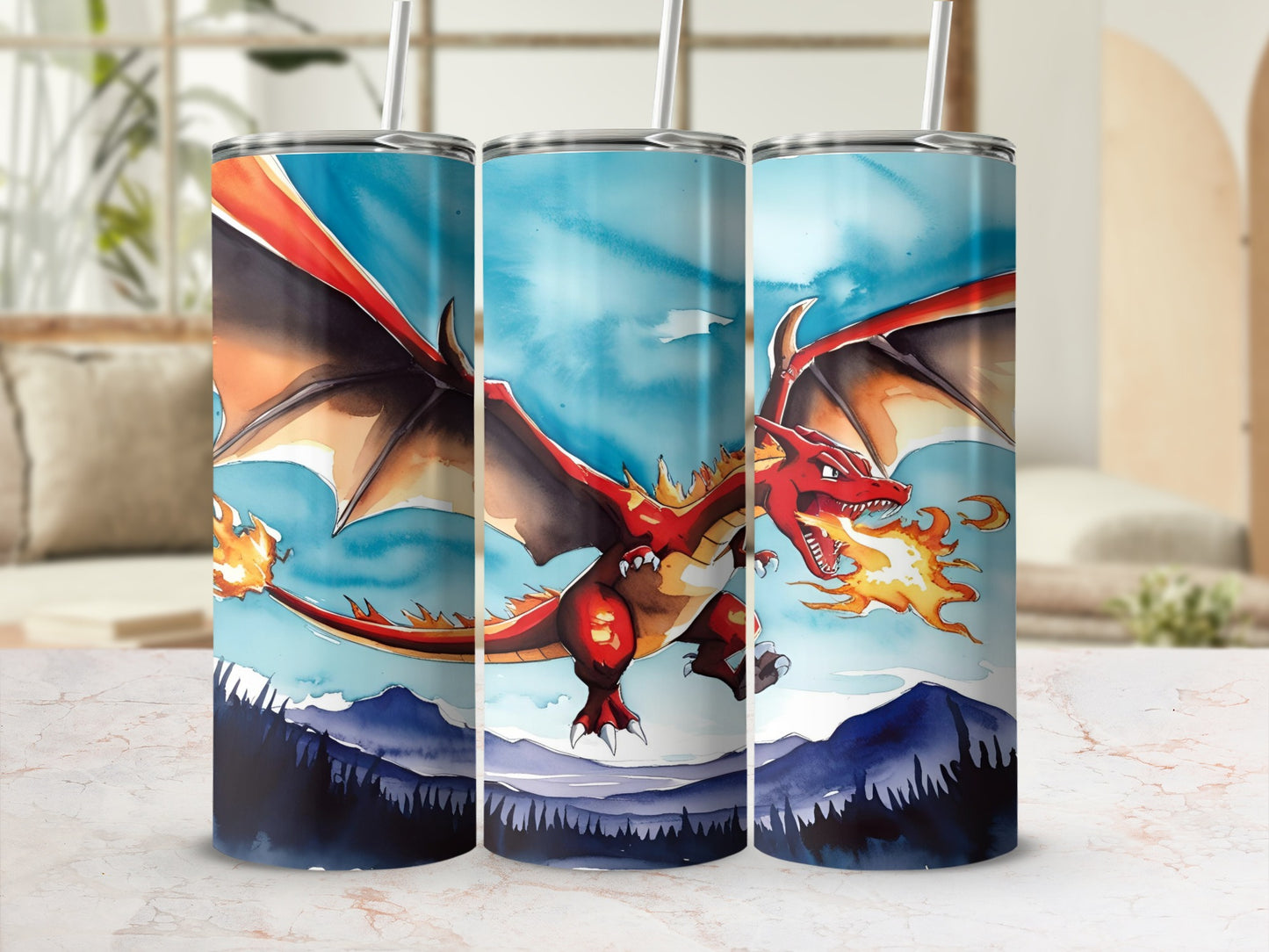 Red dragon breathing fire over mountains on a blue sky.