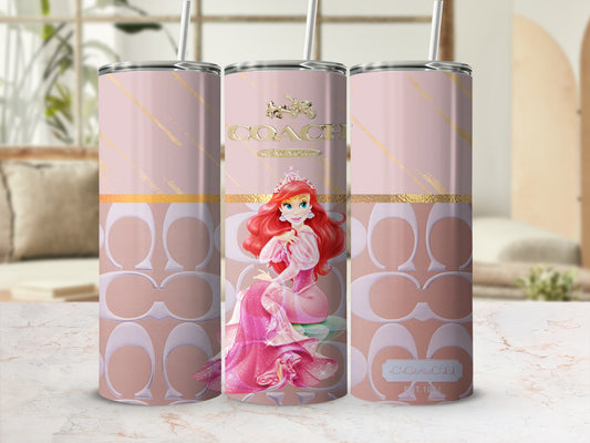 Pink tumbler with Ariel artwork and Coach logo pattern.