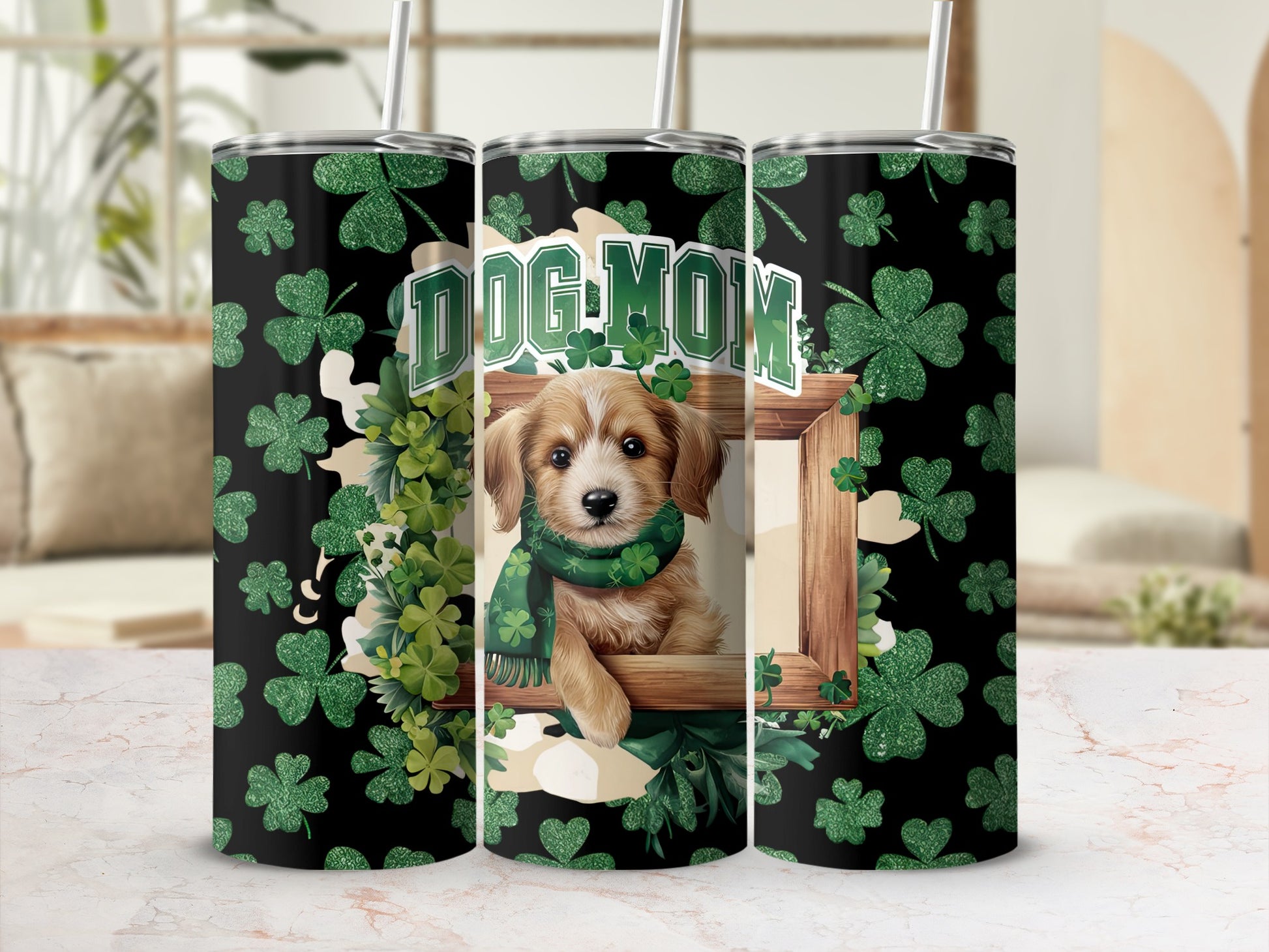 Dog Mom tumbler with puppy in frame and shamrocks.