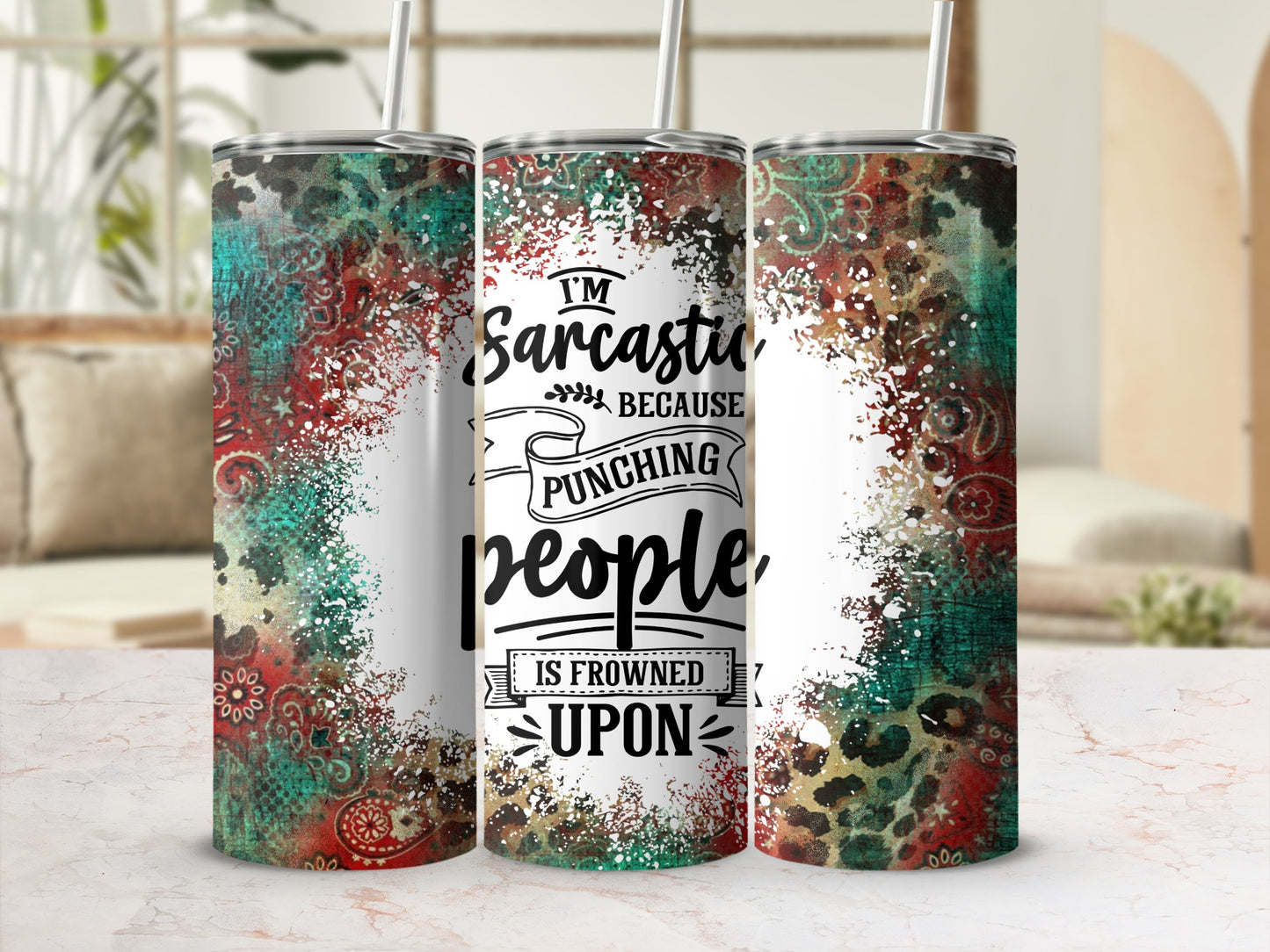 Sarcastic tumbler with distressed paisley and leopard print design.