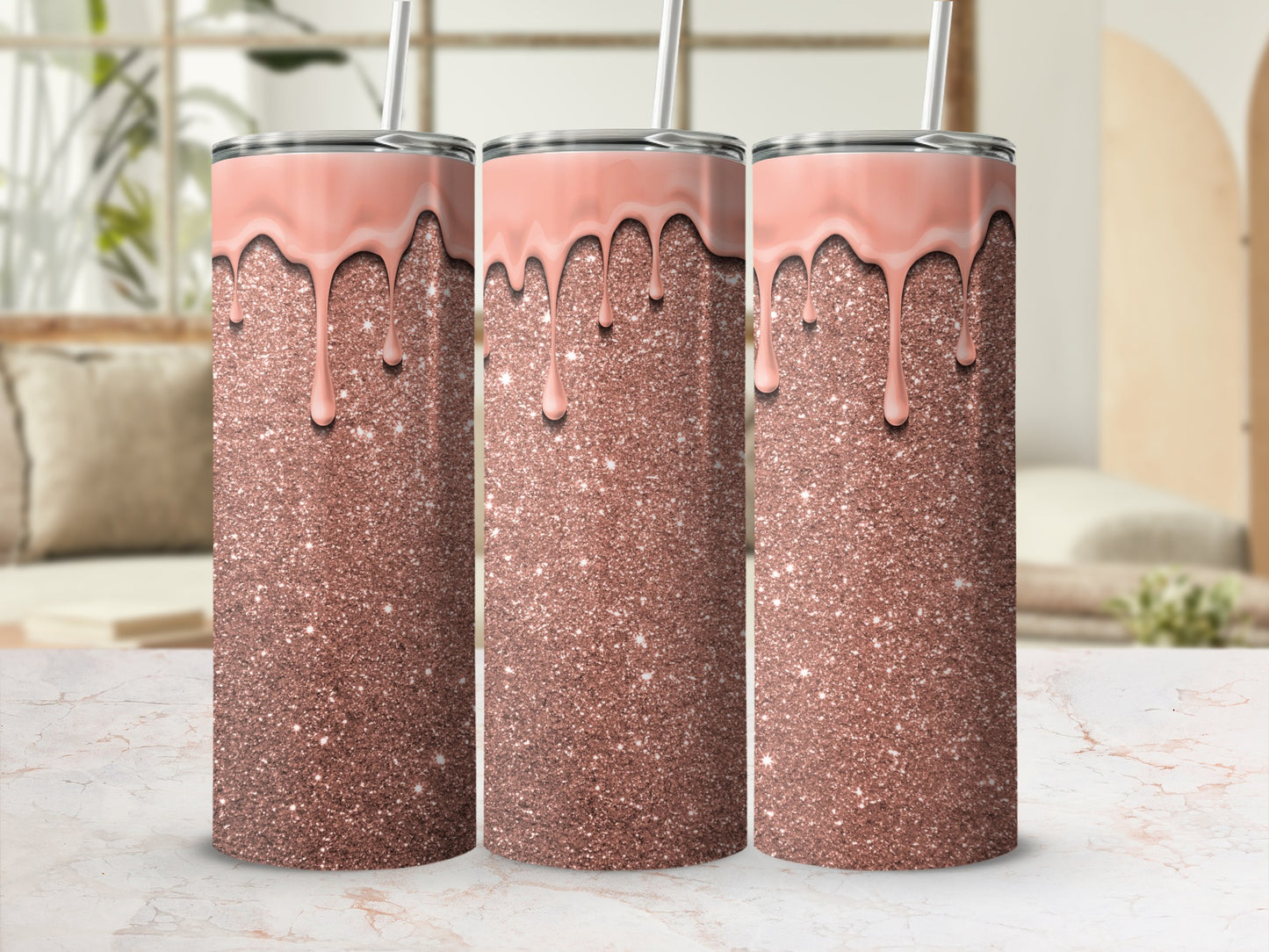 Sparkling Glitter Rose Gold Tumbler with Dripping Paint Design