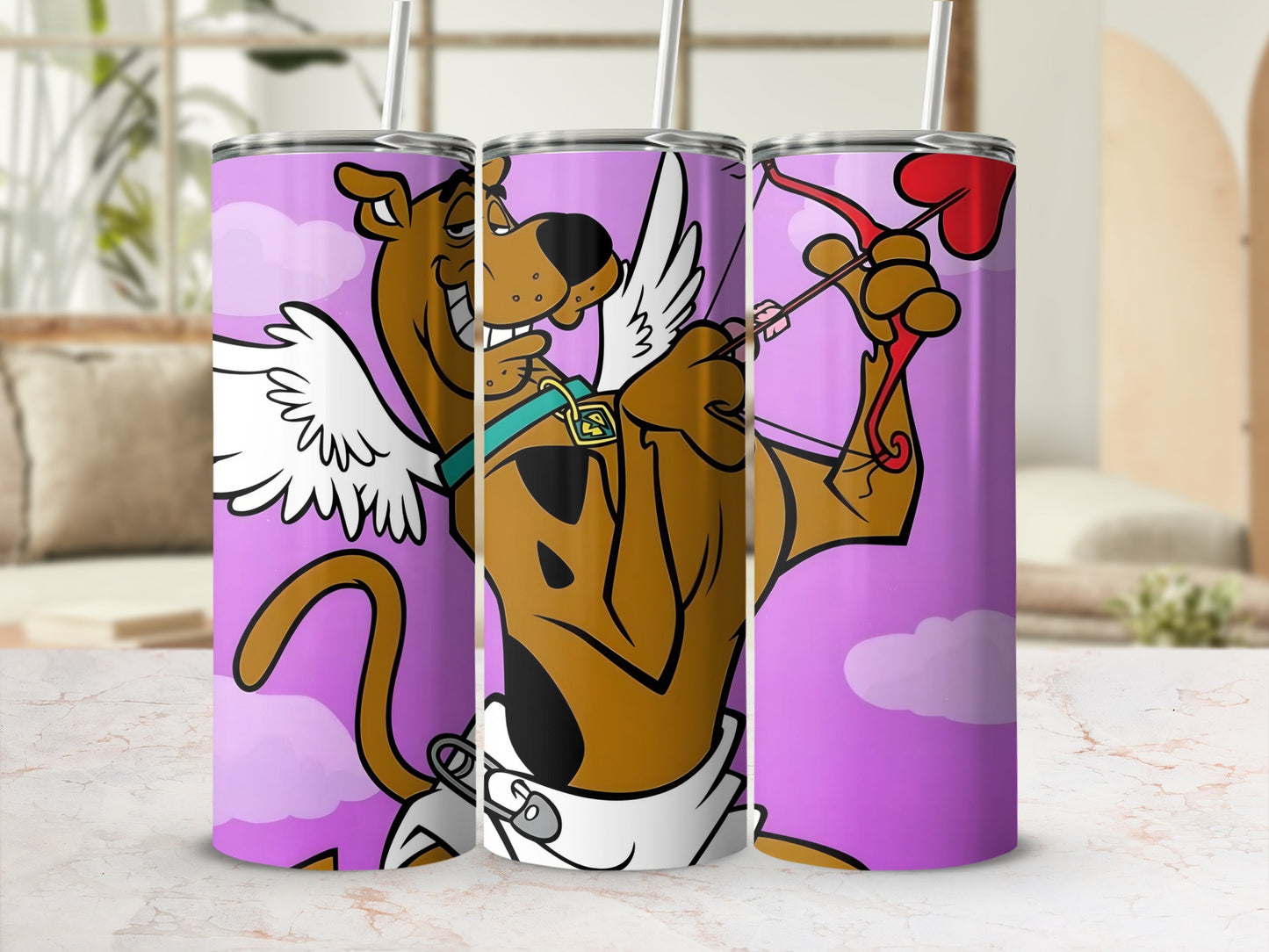Scooby-Doo as Cupid with wings and bow on a purple background.