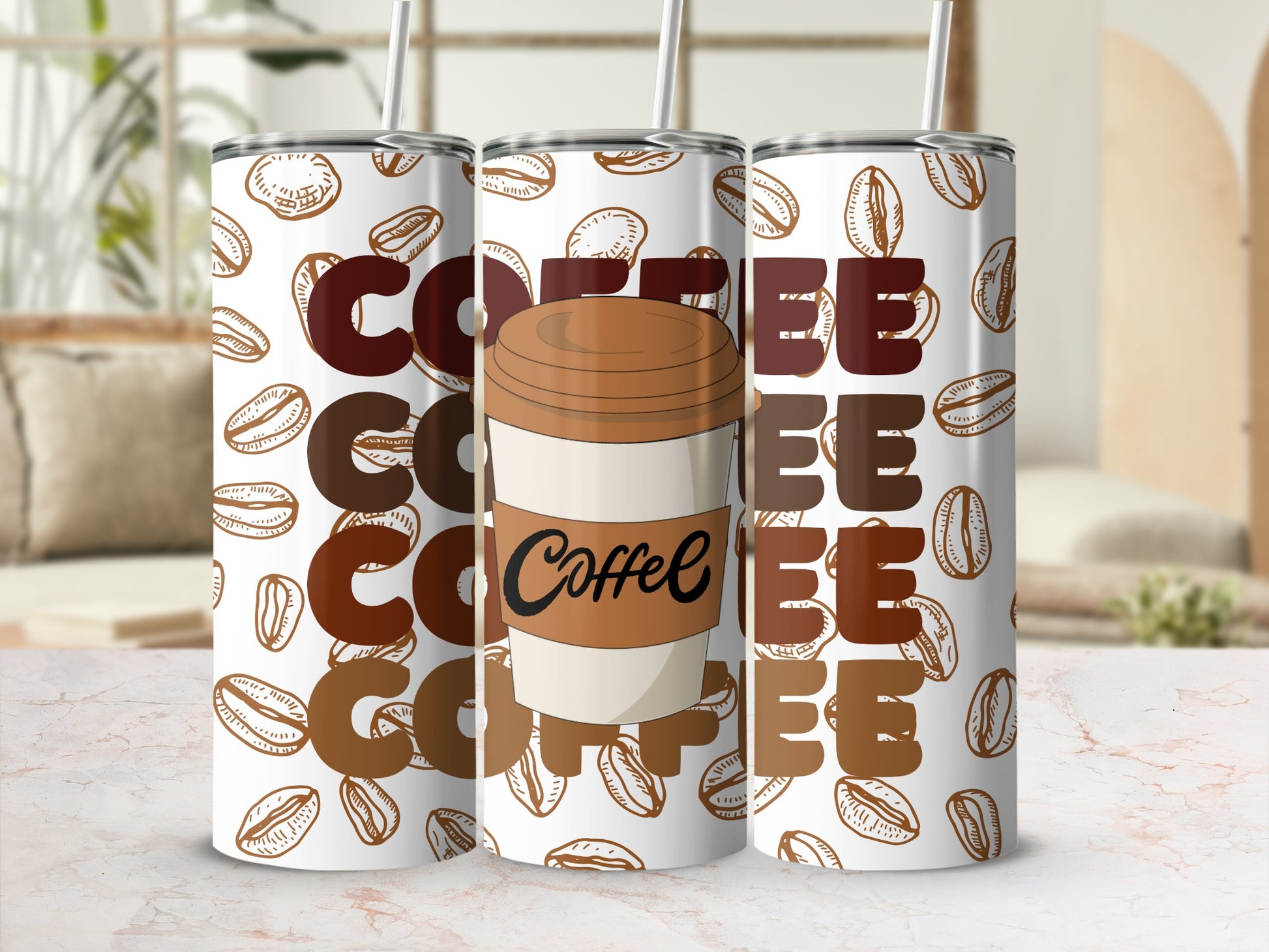 Coffee Themed Reusable Tumbler Cups with Straw