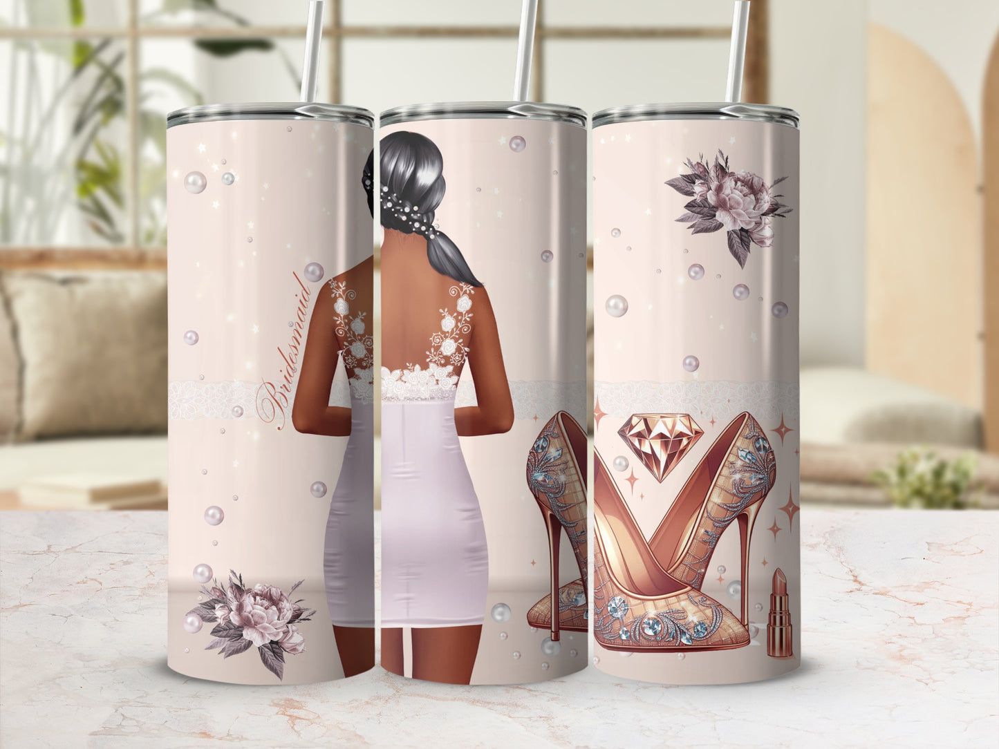 Bridesmaid tumbler with diamonds, flowers, lipstick, and heels.