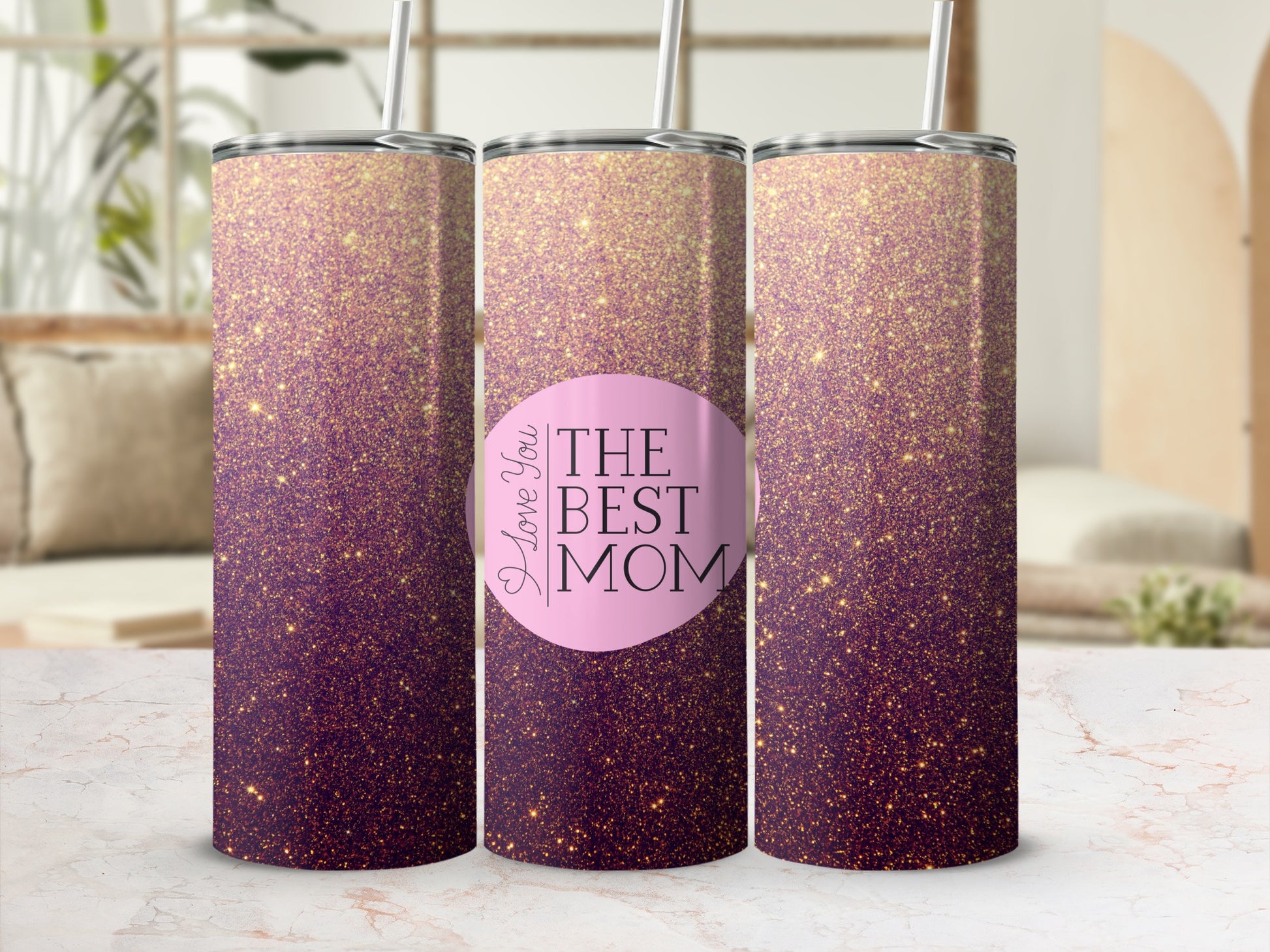 Purple and gold glitter tumbler with "I Love You BEST MOM" text.