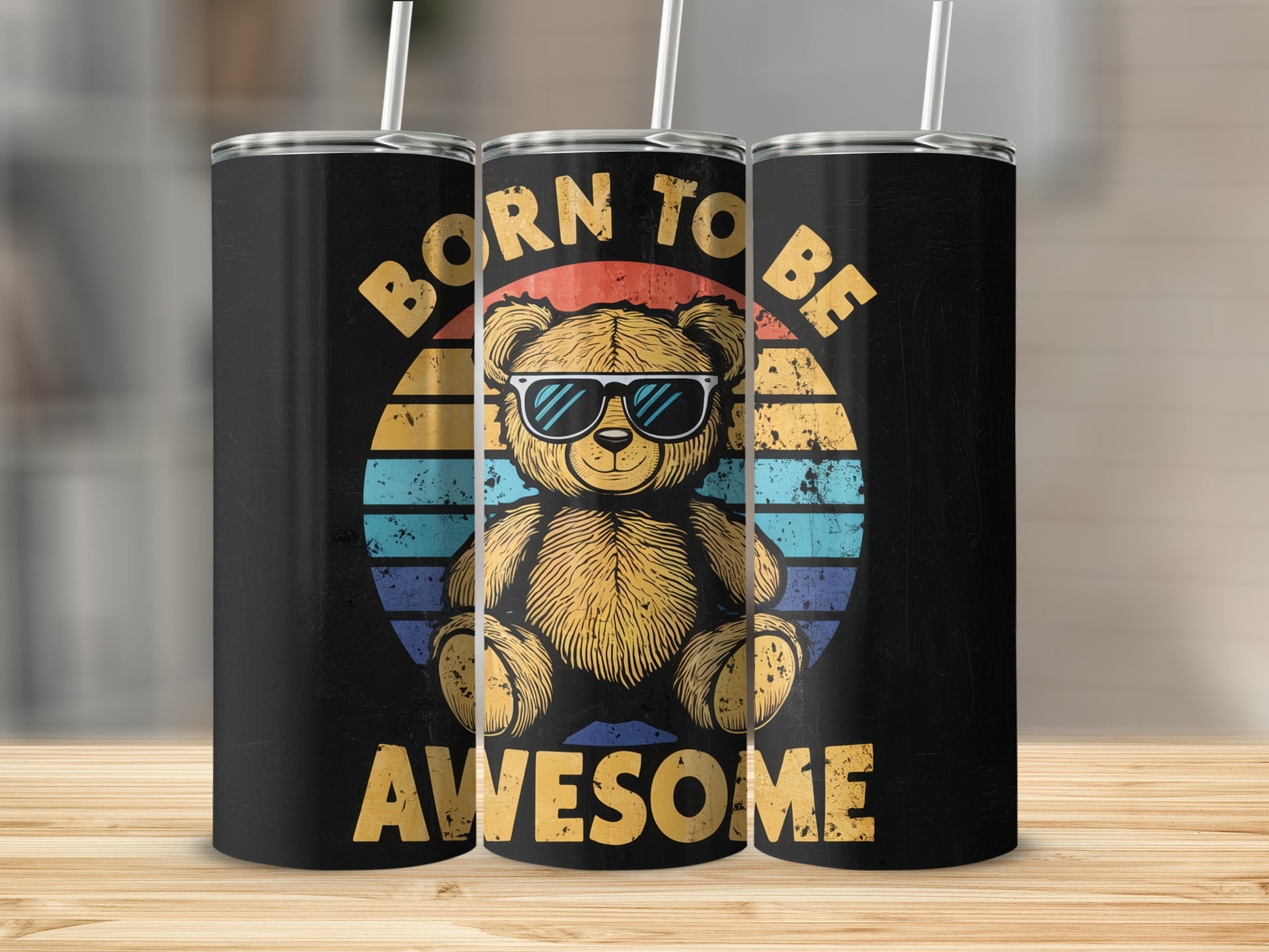 Black tumbler with teddy bear wearing sunglasses and "Born to be Awesome" text.