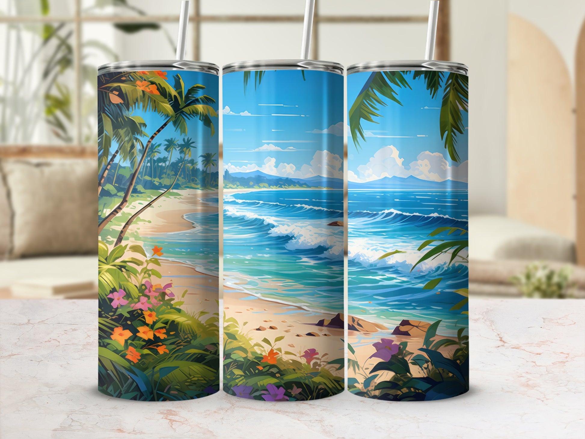 Three tumblers with a tropical beach scene featuring palm trees and waves.