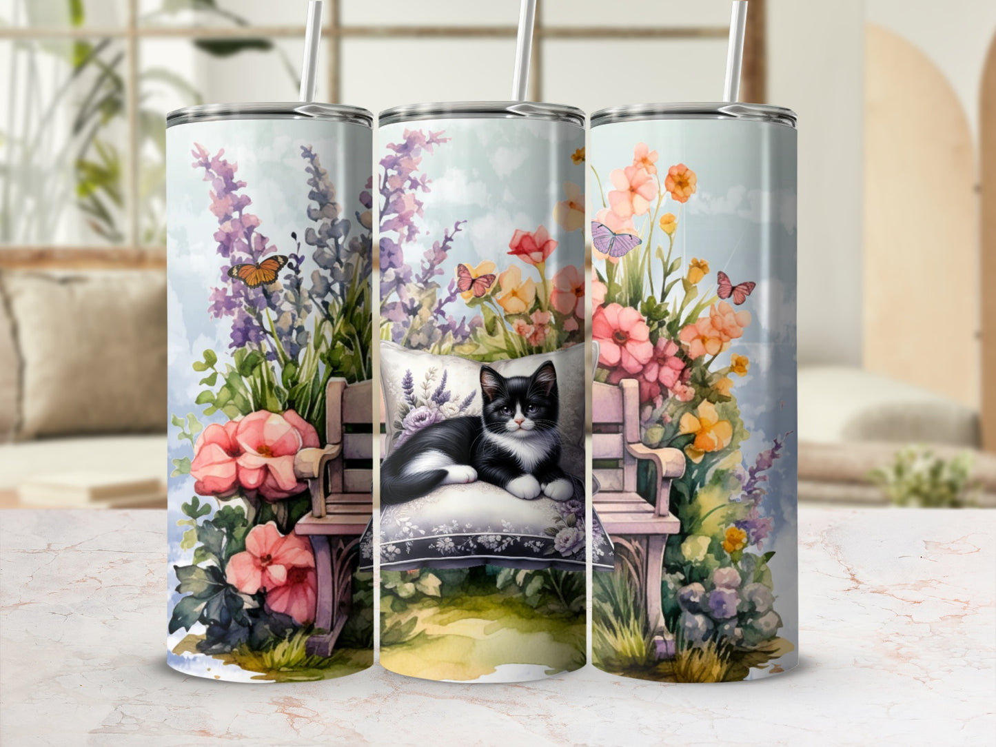 Tuxedo cat rests on floral bench with butterflies, watercolor style.