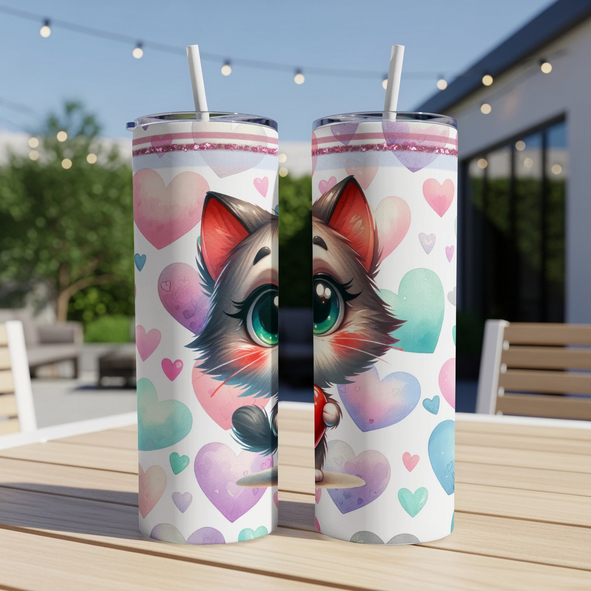 Two tumblers with a cartoon cat and hearts pattern.