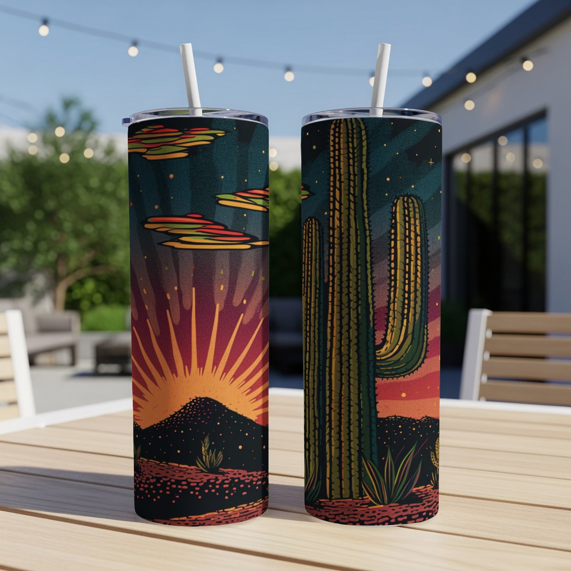 Two tumblers with a desert sunset and cactus design.