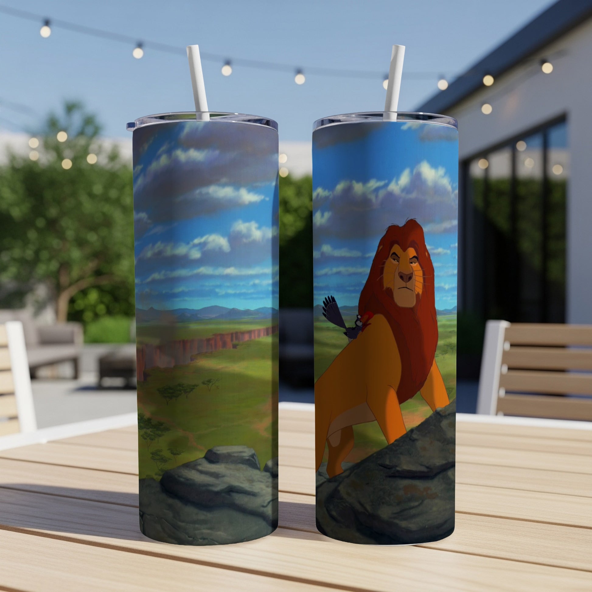 Two tumblers with The Lion King characters Simba and Zazu on a savanna background.