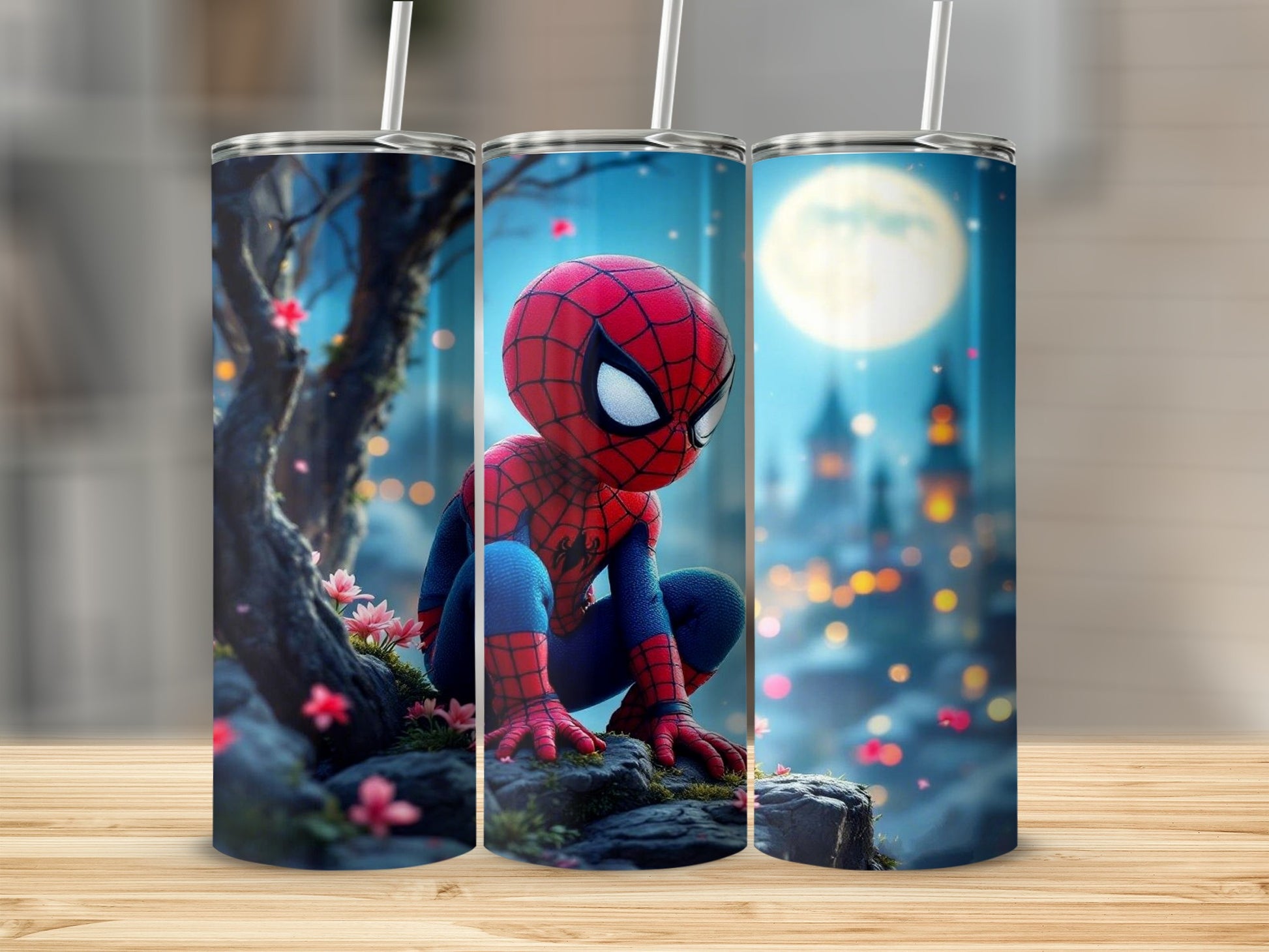 Spider-Themed Hero Tumblers with Forest Background