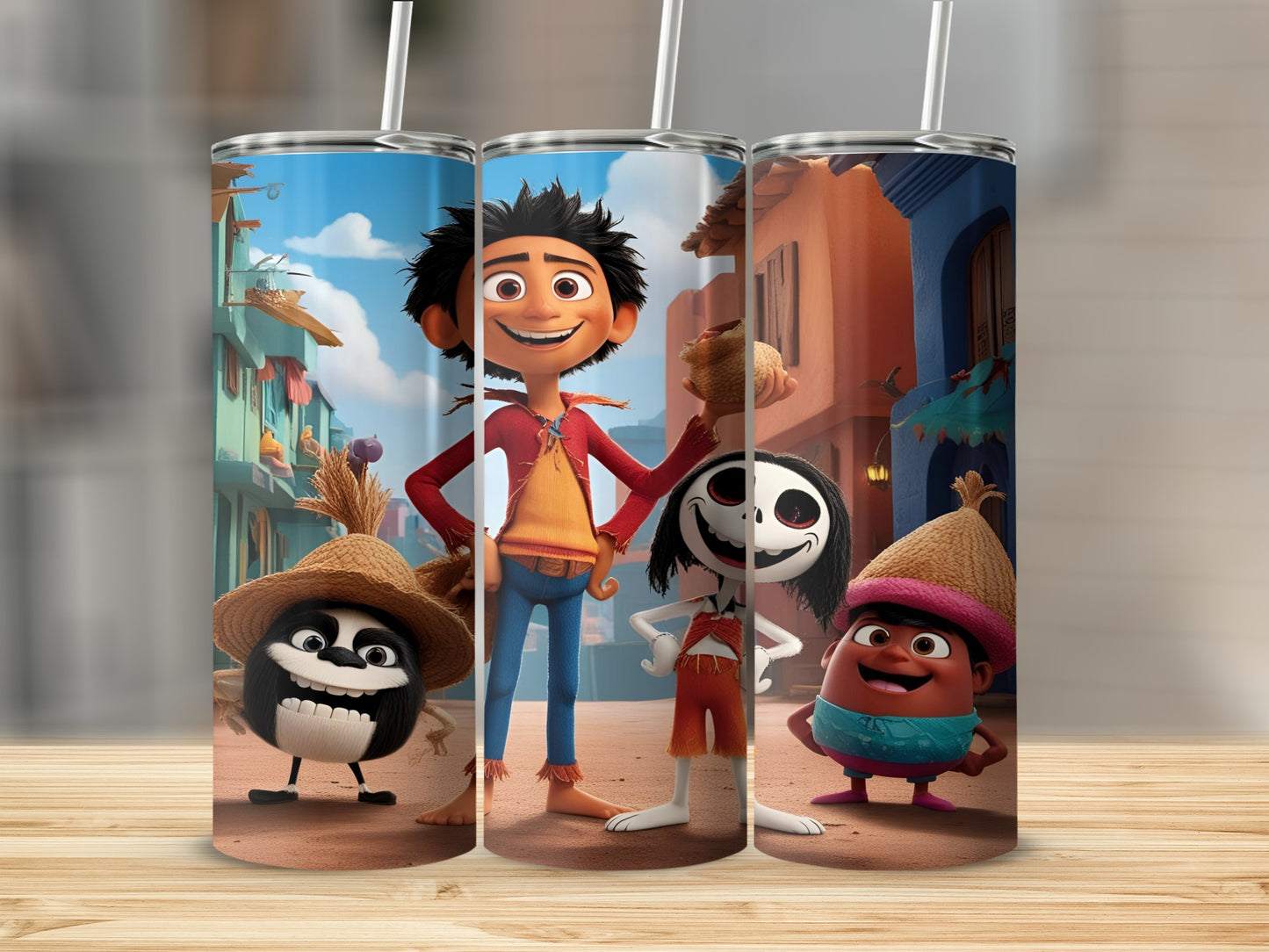 Animated characters, three figures in a street setting, on a tumbler.