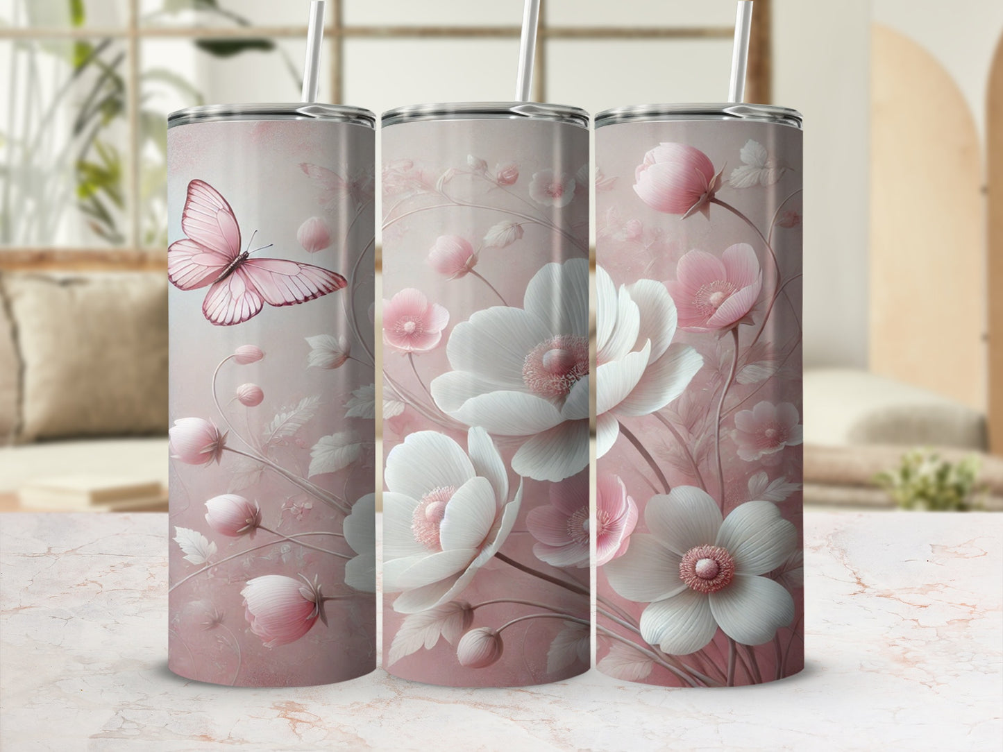 Pink Floral and Butterfly Design Tumbler Set