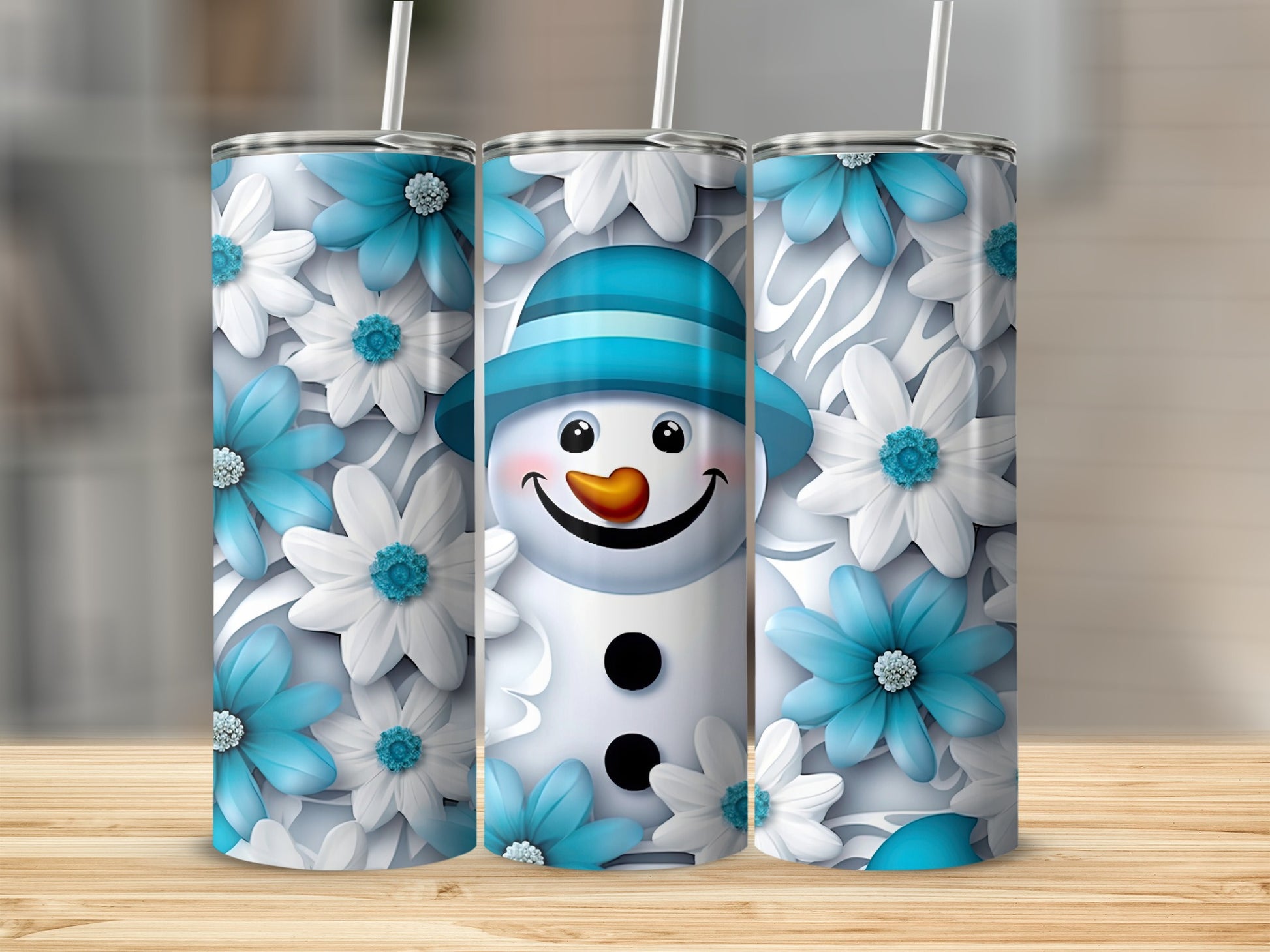 Cute Snowman and Winter Flowers Design Tumbler