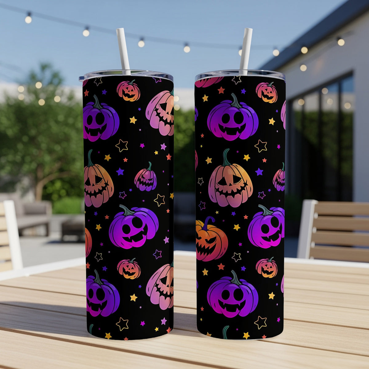 Two tumblers with a black background and a Halloween pumpkin and star pattern.