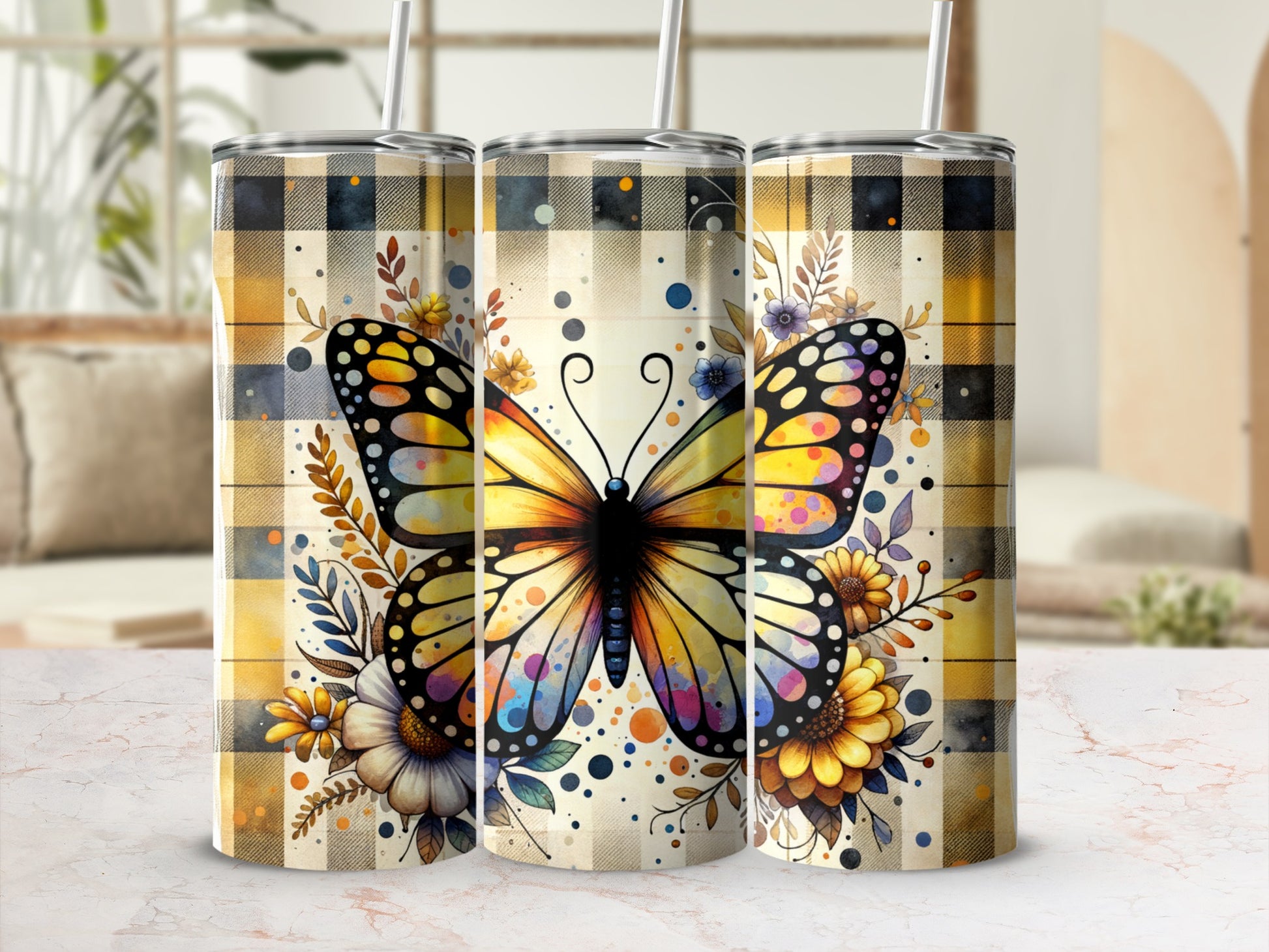 Yellow plaid tumbler with colorful butterfly and floral design.