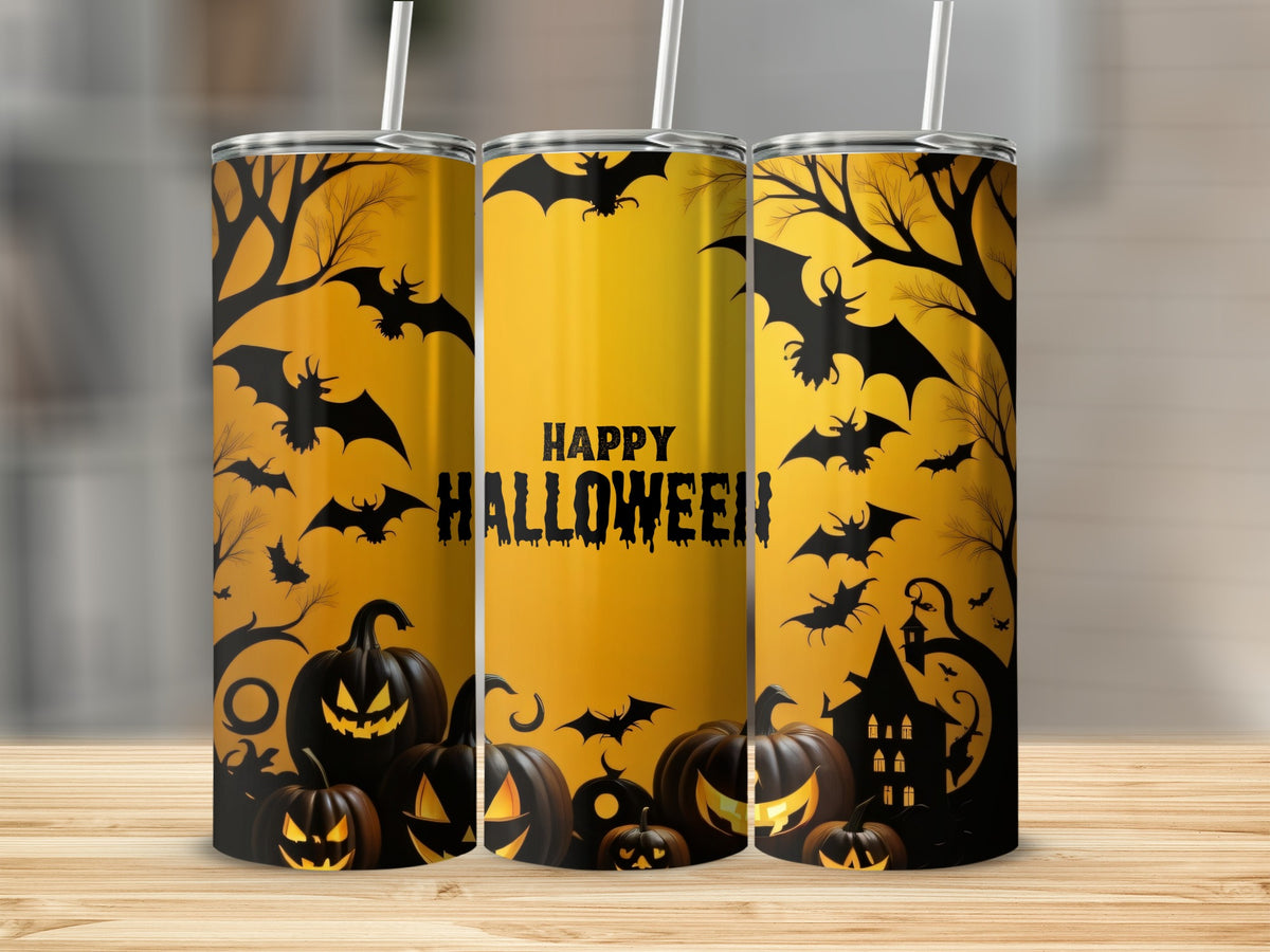 Three tumblers with Halloween designs featuring bats, pumpkins, and a haunted house.