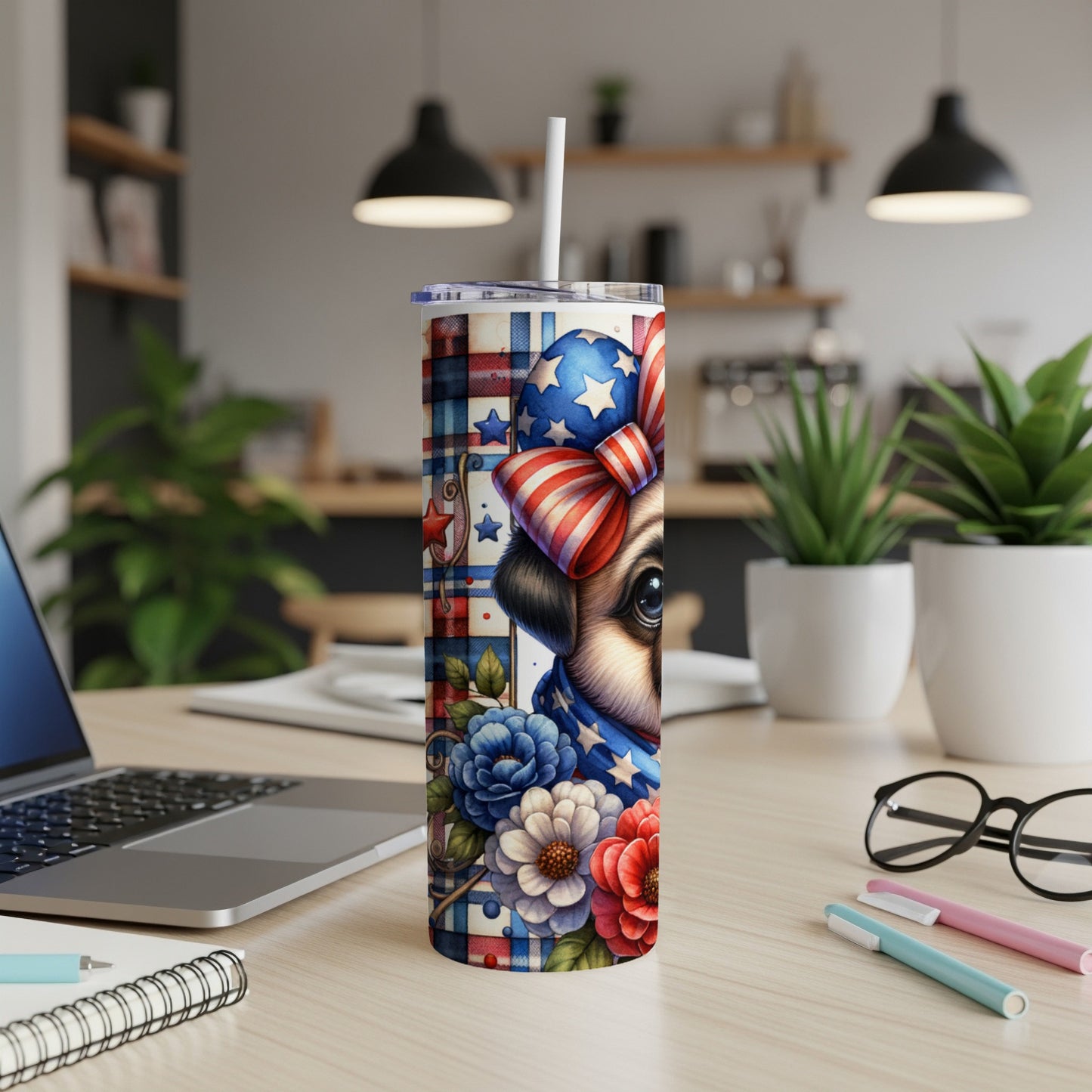 Tumbler with pug wearing patriotic bandana, stars, and striped ribbon.