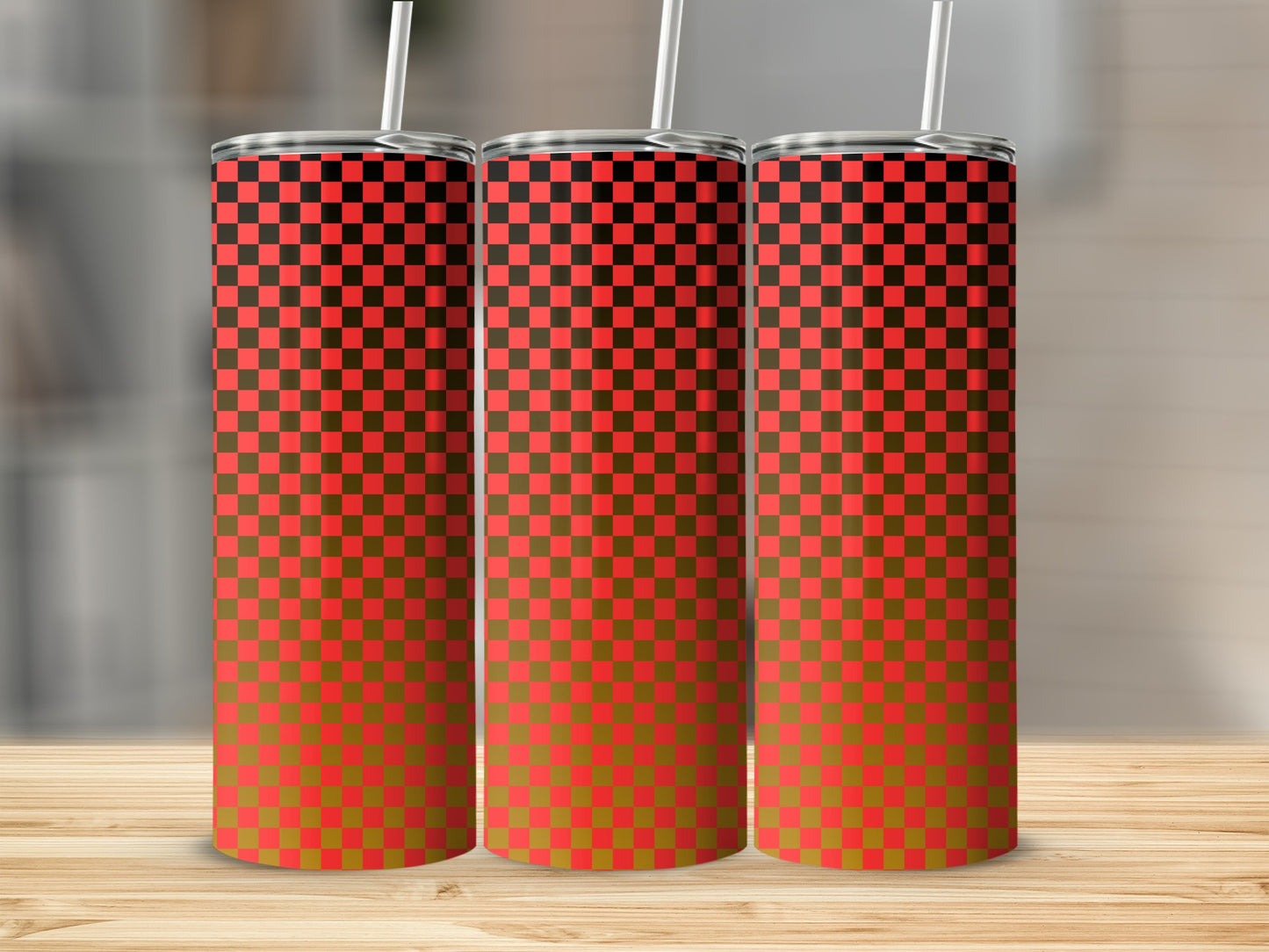 Three tall tumblers with a red and black checkered gradient pattern.