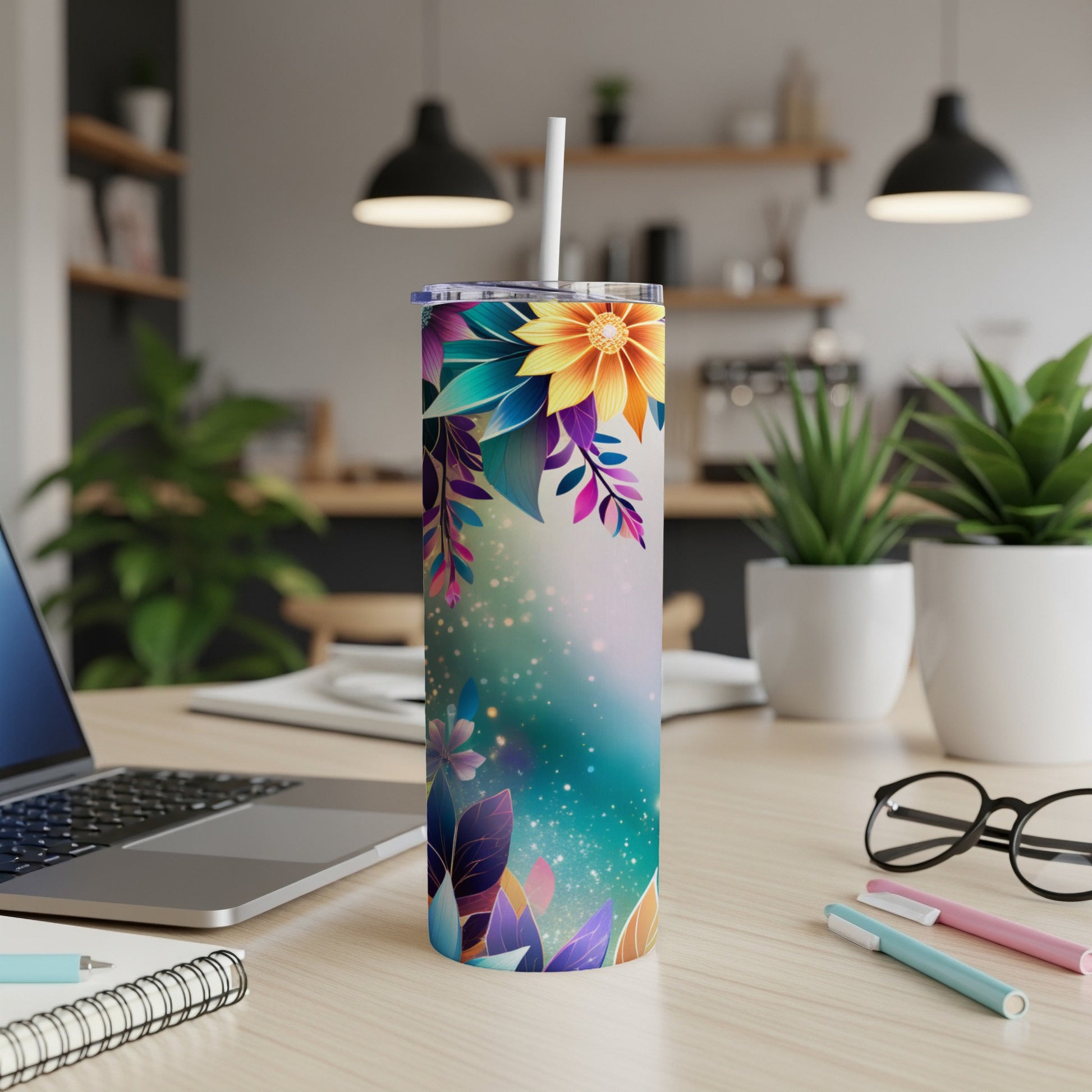 Tumbler with colorful floral design and sparkling accents.