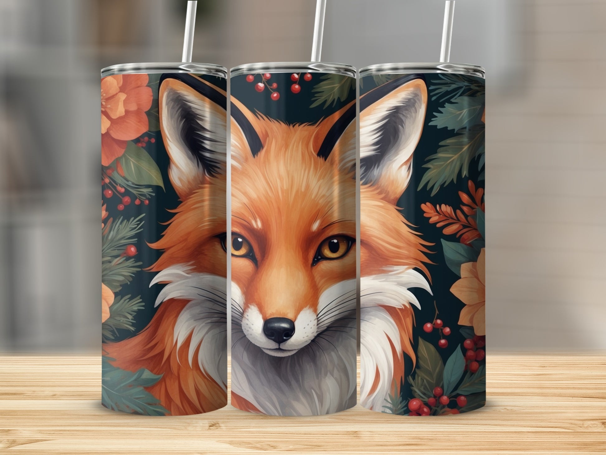 Three tumblers featuring a close-up illustration of a fox with floral accents.