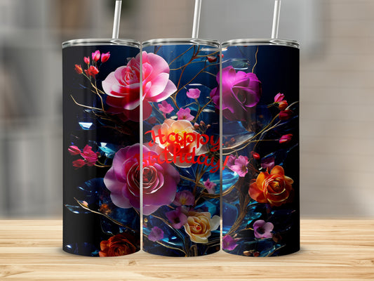 Tumbler with pink and orange roses, blue crystal accents, and "Happy Mother's Day" text.