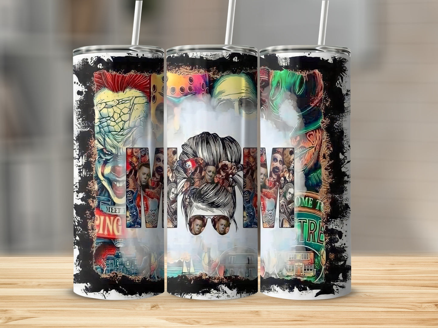 Triptych of tumblers featuring horror movie characters and movie titles.