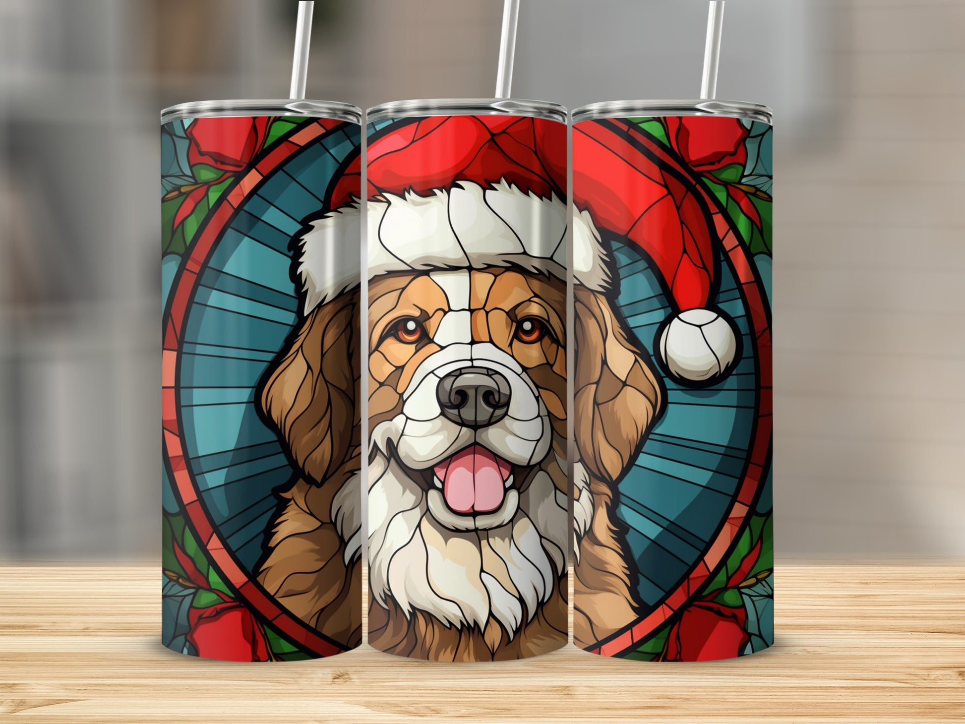 Saint Bernard dog wearing Santa hat, stained glass style, on three tumblers.