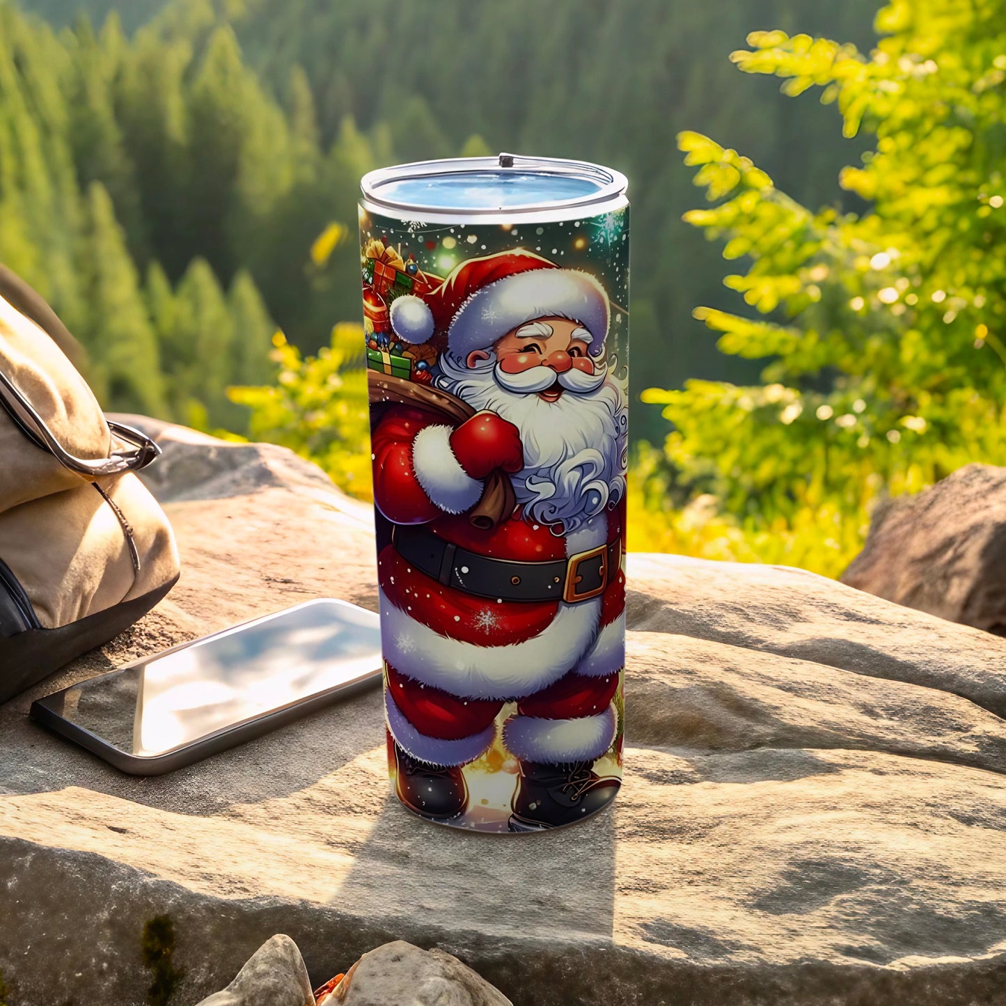 Festive Santa Claus Holding Gift Tumbler Travel Mug