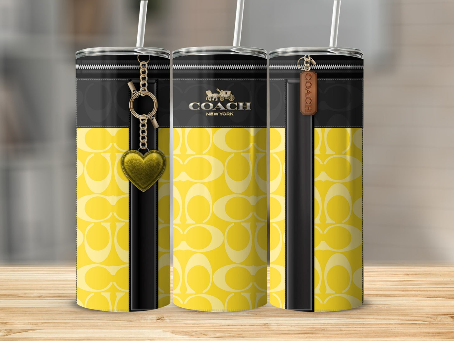 Stylish Yellow COACH Branded Tumbler with Heart Charm