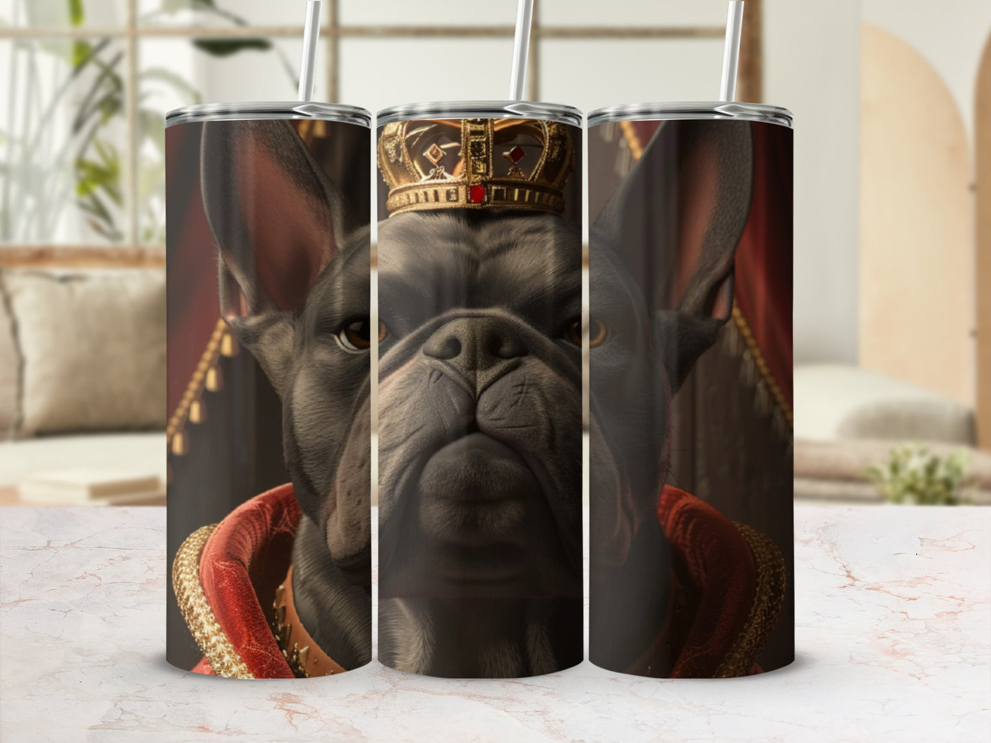 French bulldog wearing a crown and regal cape, regal portrait.