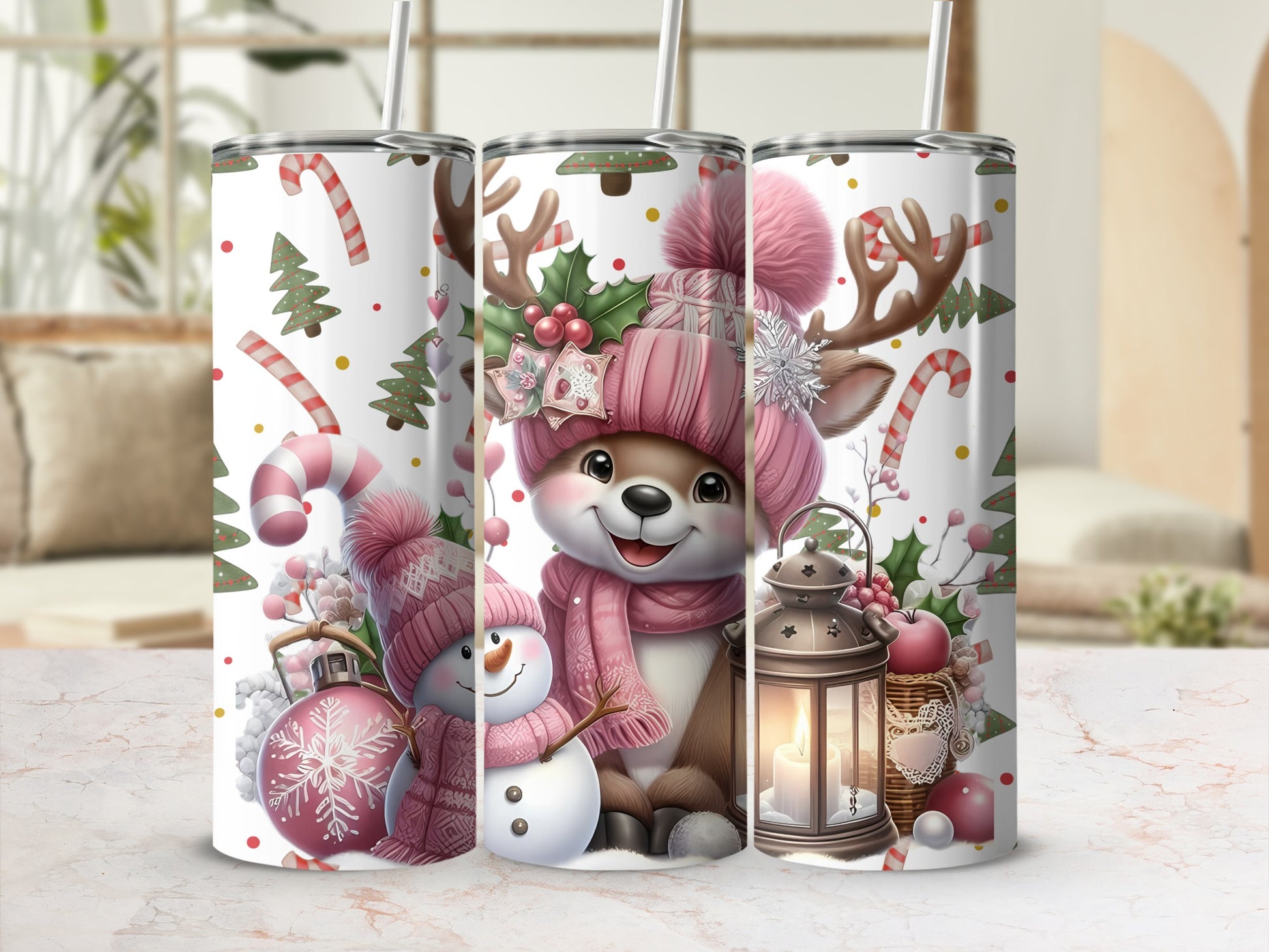Festive Holiday Tumbler with Deer and Snowman Design