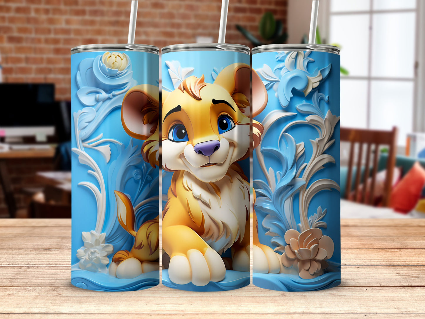 Cute Lion Cub Stainless Steel Tumbler with Straw