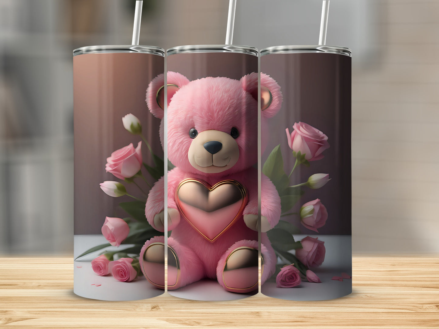 Adorable Pink Teddy Bear with Roses Tumbler Gift