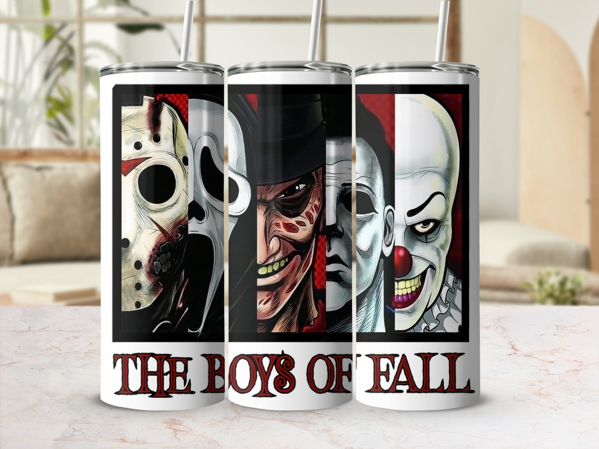 Three tumblers featuring horror movie villains: Ghostface, Michael Myers, Pennywise.