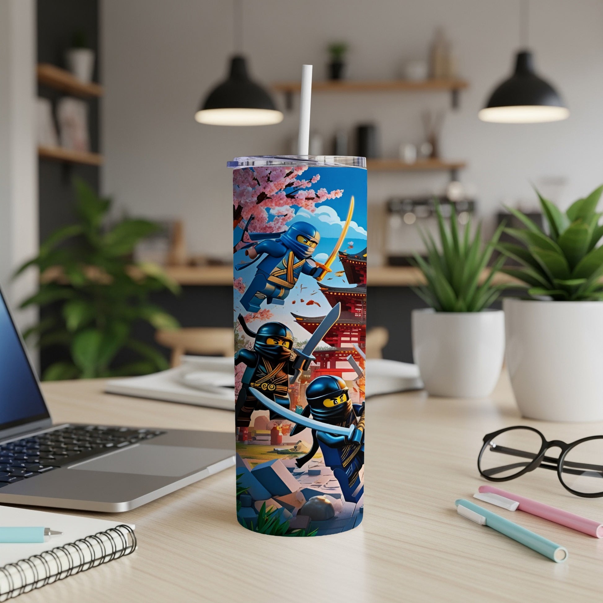 Ninjago characters with swords in front of a temple, on a patterned tumbler.