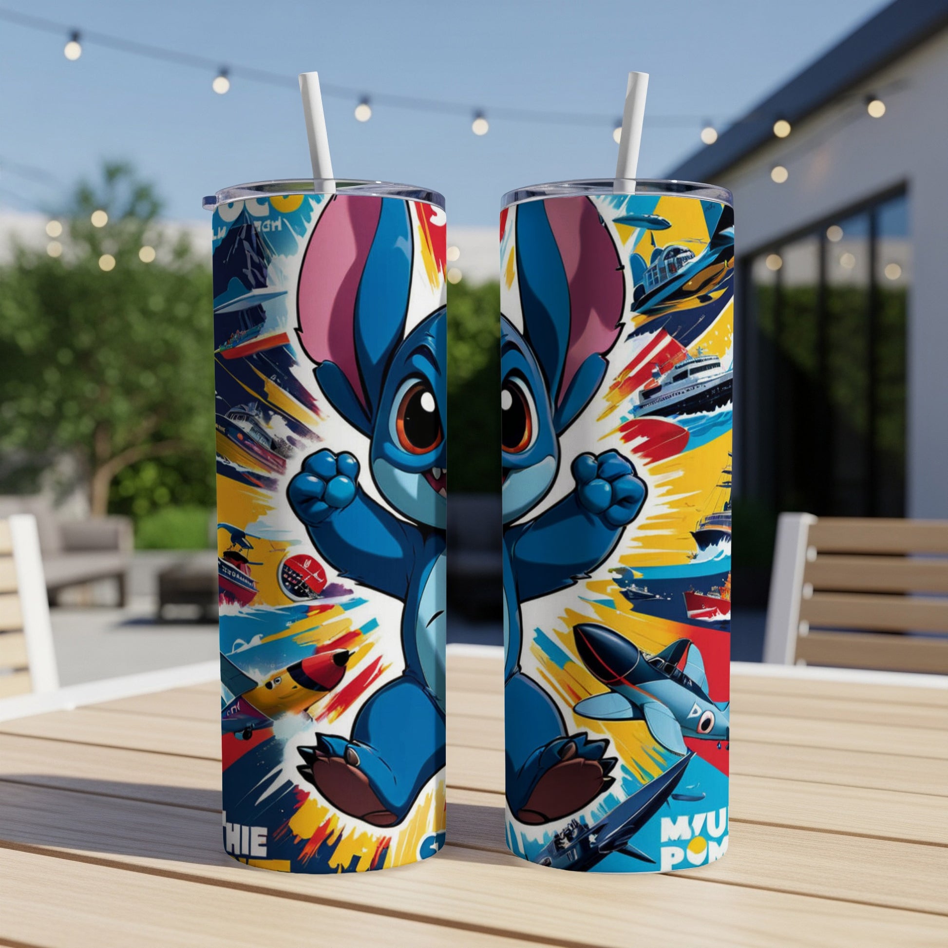Stitch character on two tumblers with colorful airplane and ship designs.