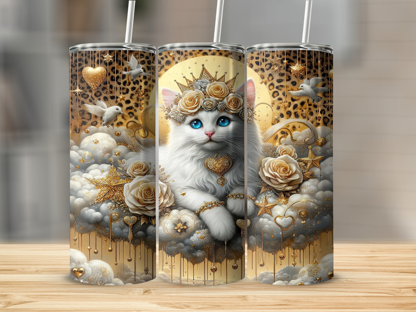 White cat wearing crown and jewelry on clouds, surrounded by golden stars and flowers.