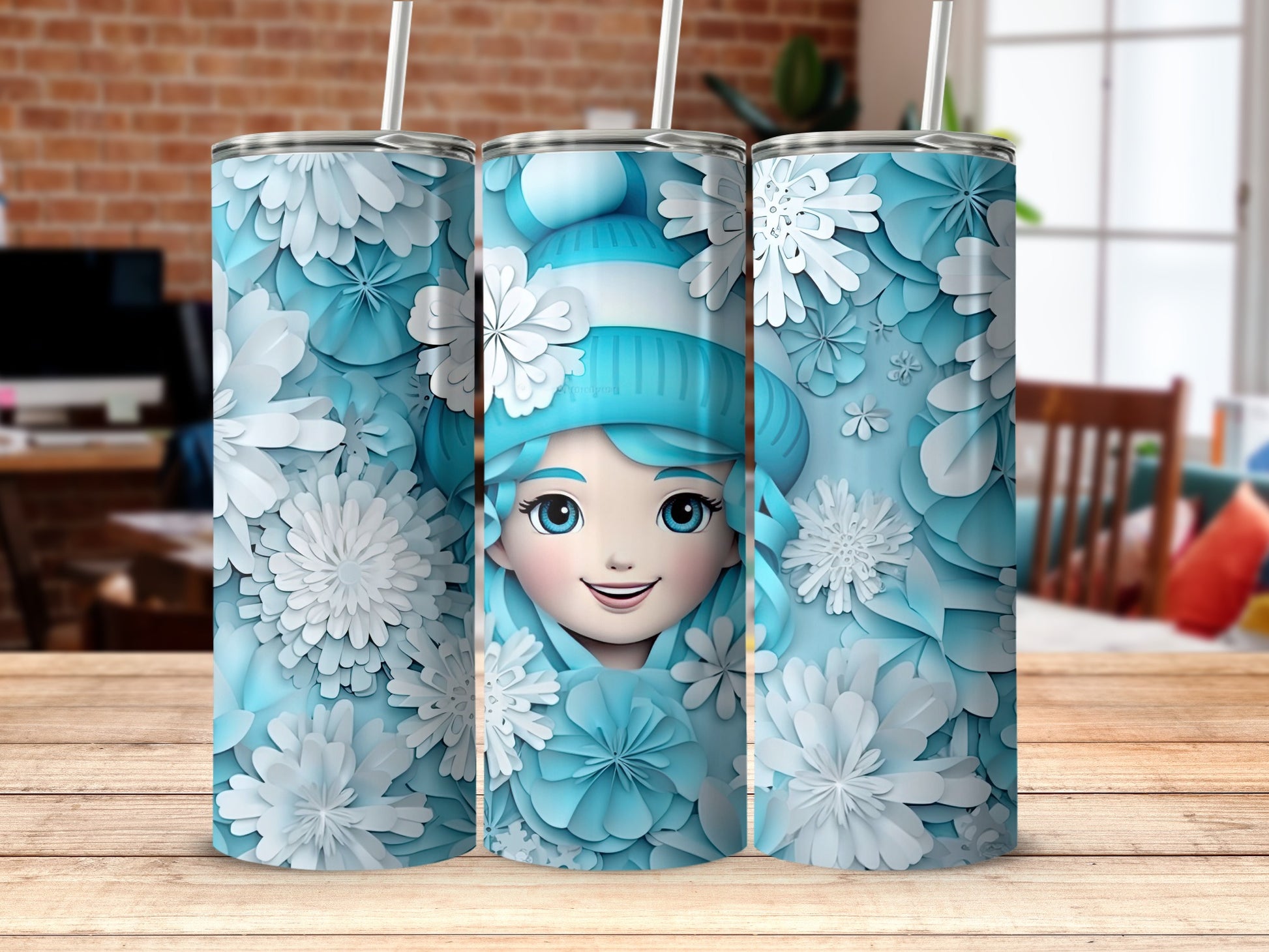 Blue Floral Pattern Woman Face Art Tumblers