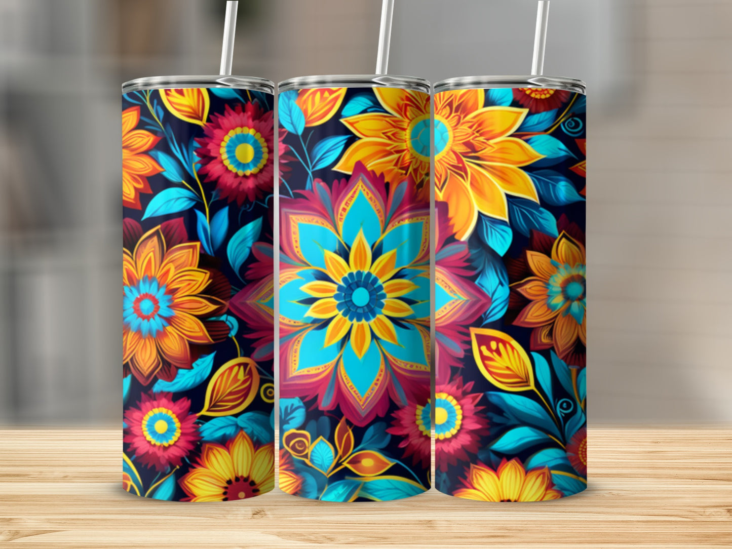 Three tall tumblers with vibrant floral mandala patterns on a wooden surface.