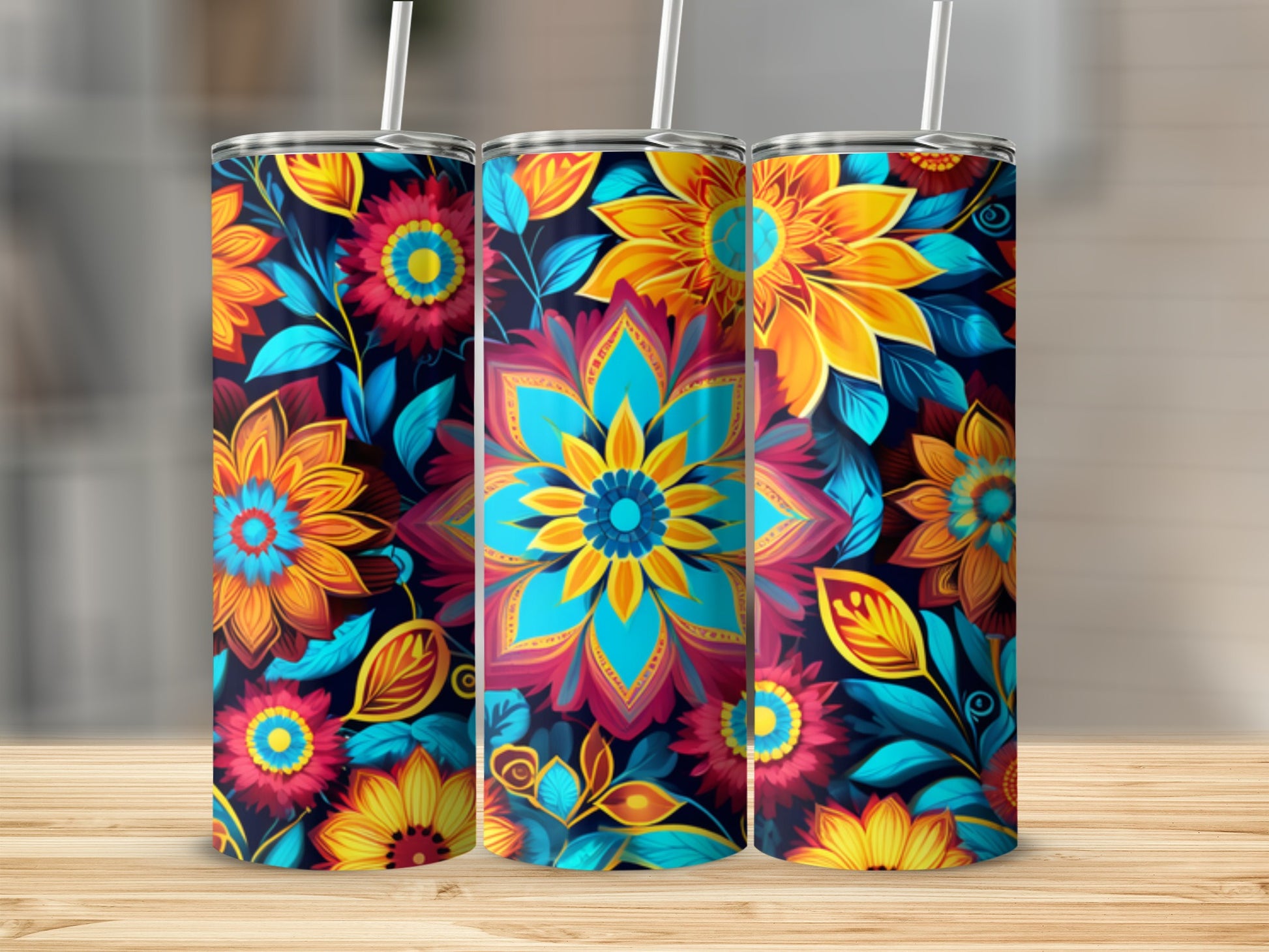 Three tall tumblers with vibrant floral mandala patterns on a wooden surface.