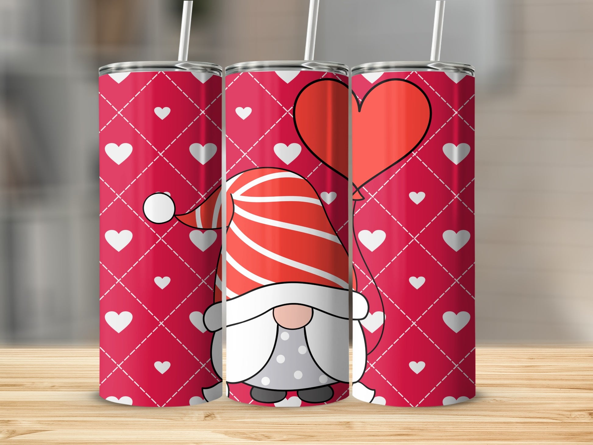 Valentine Gnome Design Tumbler with Hearts