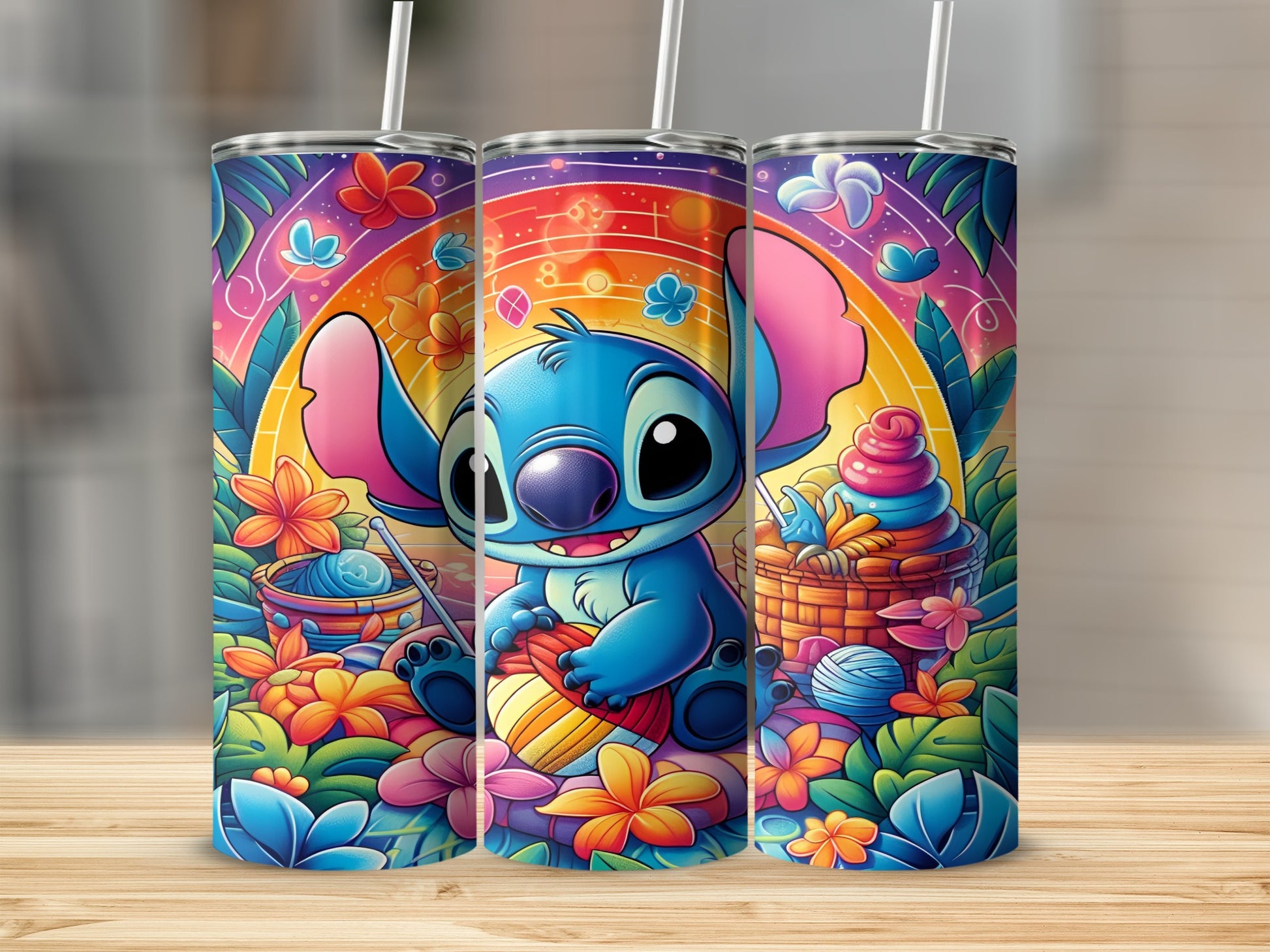 Stitch holding yarn and knitting with colorful floral background.