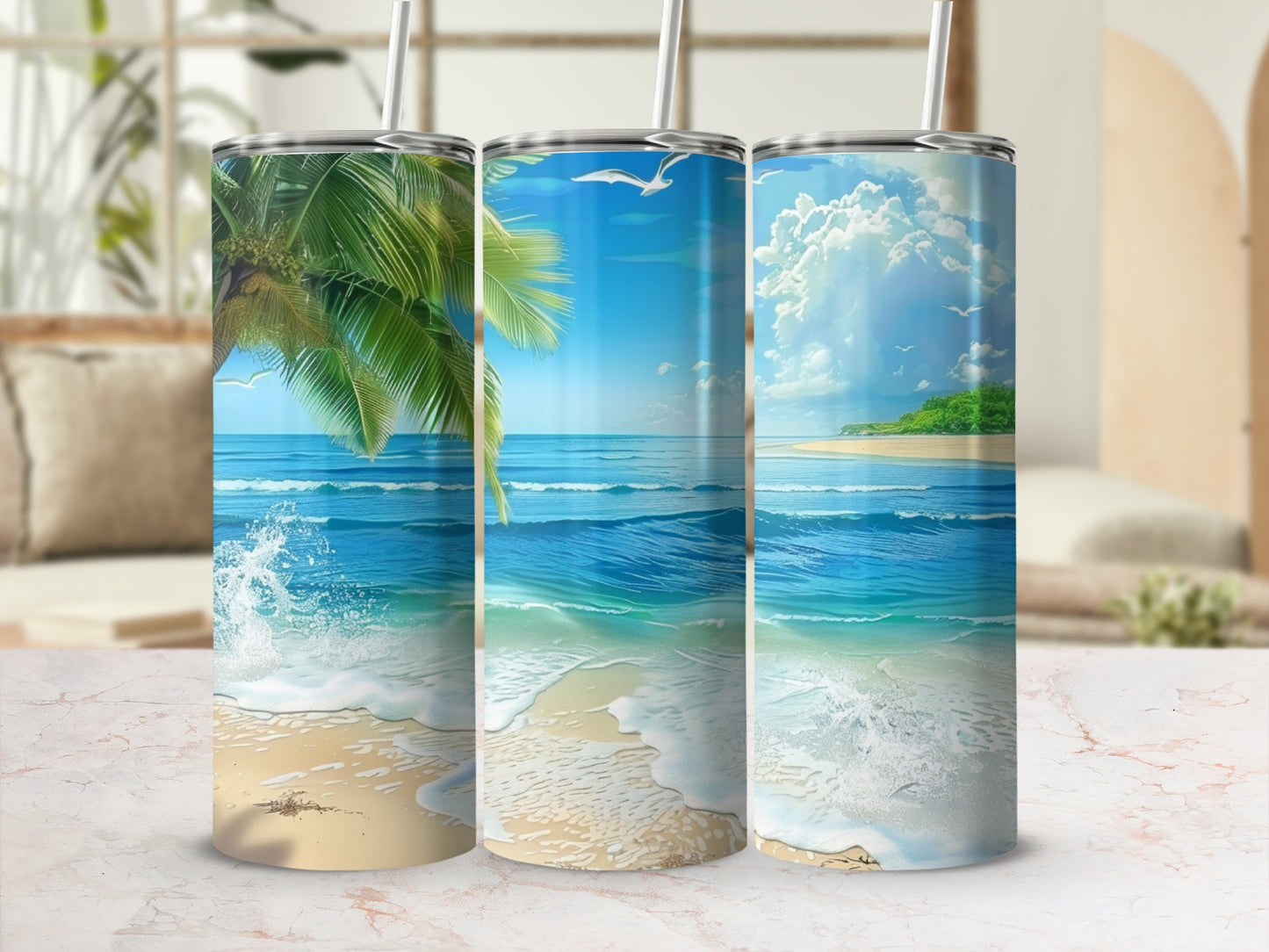 Three tumblers with beach and ocean scenes, palm trees, and seagulls.
