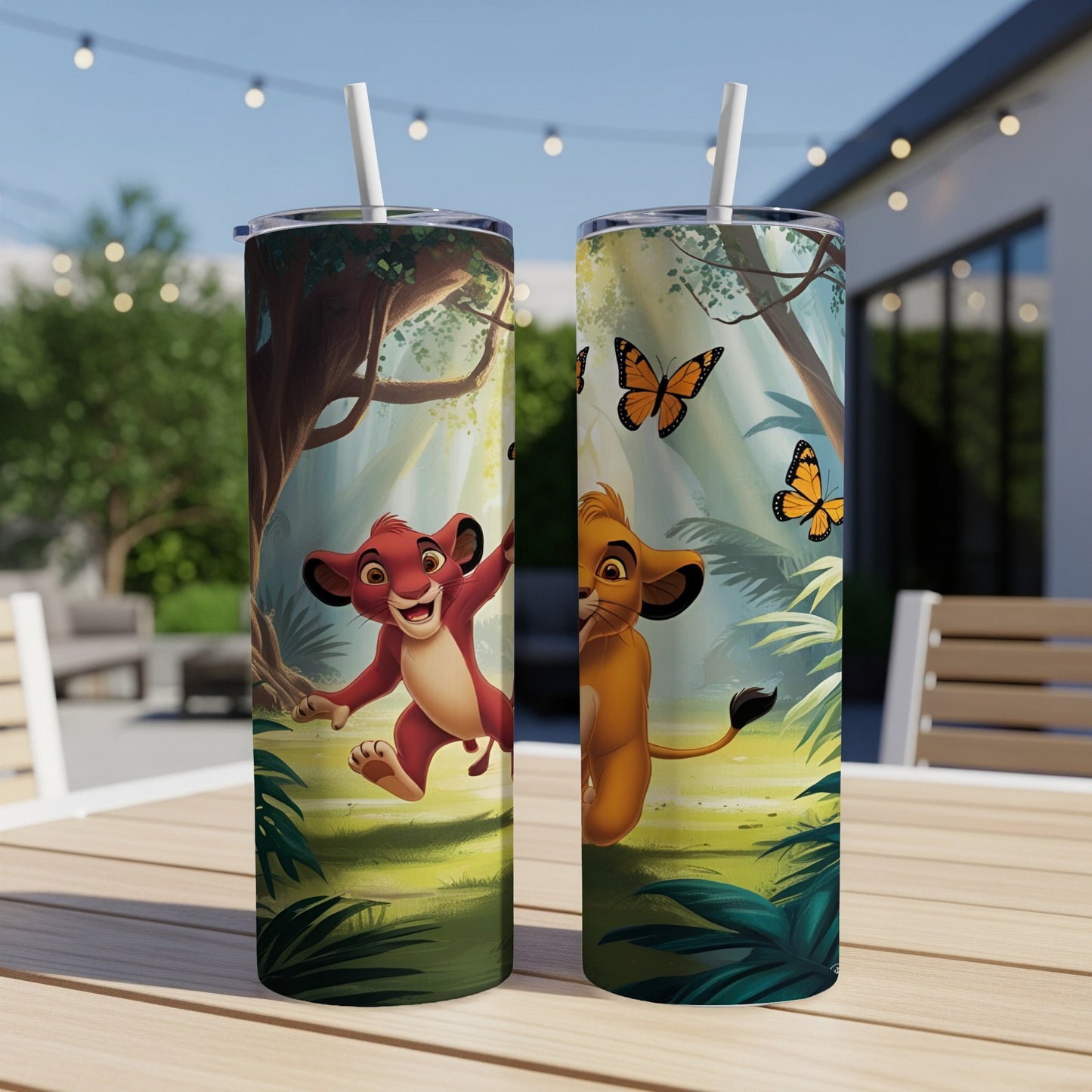 Two tumblers featuring young Simba and Nala from The Lion King with butterflies.
