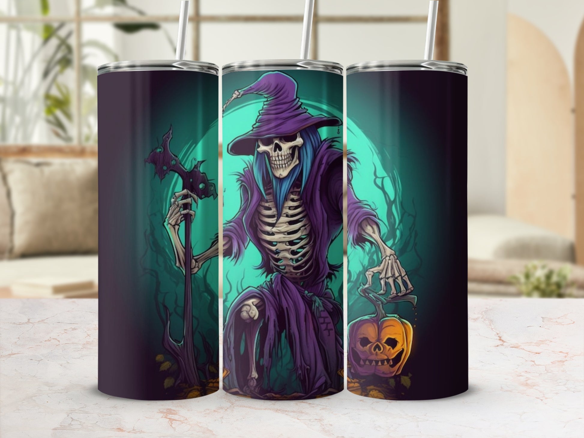 Tumbler with skeleton grim reaper, staff, and jack-o'-lantern on a teal background.