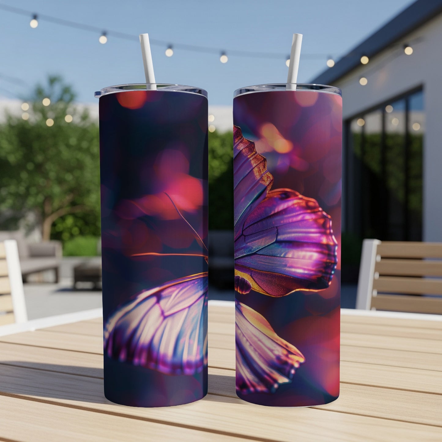 Two tumblers with a close-up of a purple butterfly wing design.